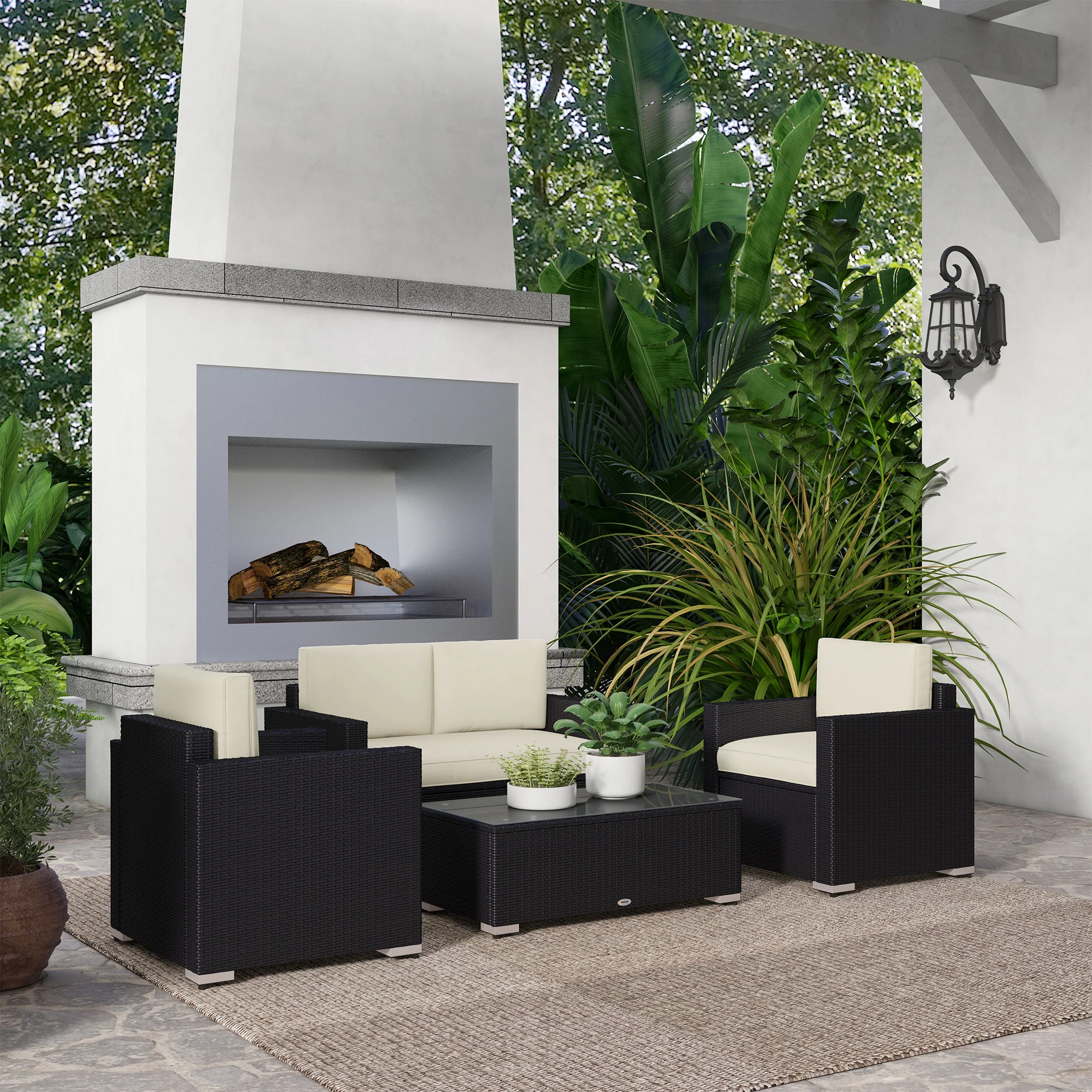4-Piece Rattan Patio Sofa Set with Loveseat & Glass Coffee Table, Cream - Image 4