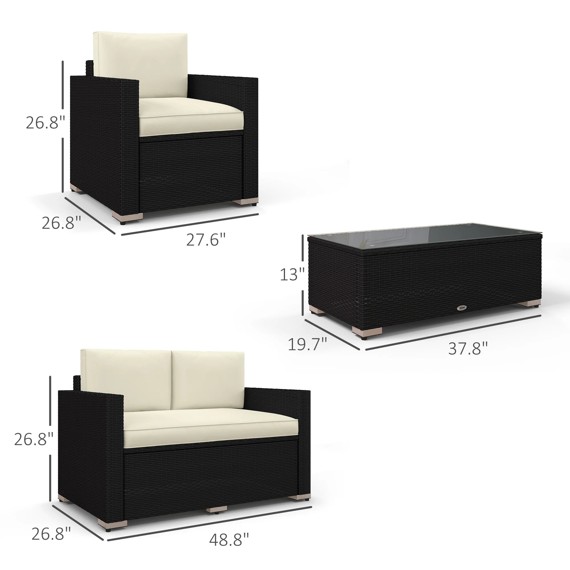 4-Piece Rattan Patio Sofa Set with Loveseat & Glass Coffee Table, Cream - Image 5