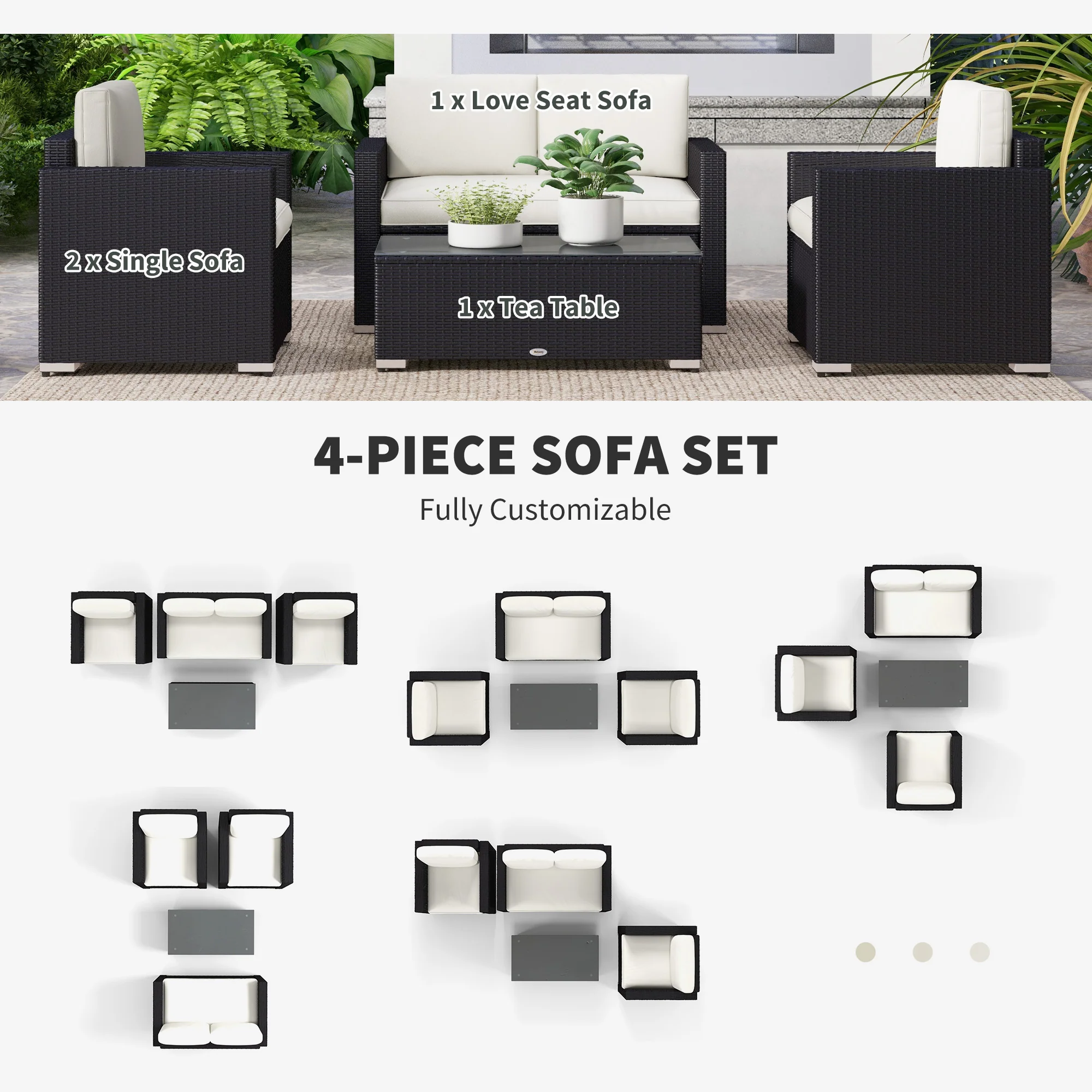 4-Piece Rattan Patio Sofa Set with Loveseat & Glass Coffee Table, Cream - Image 7