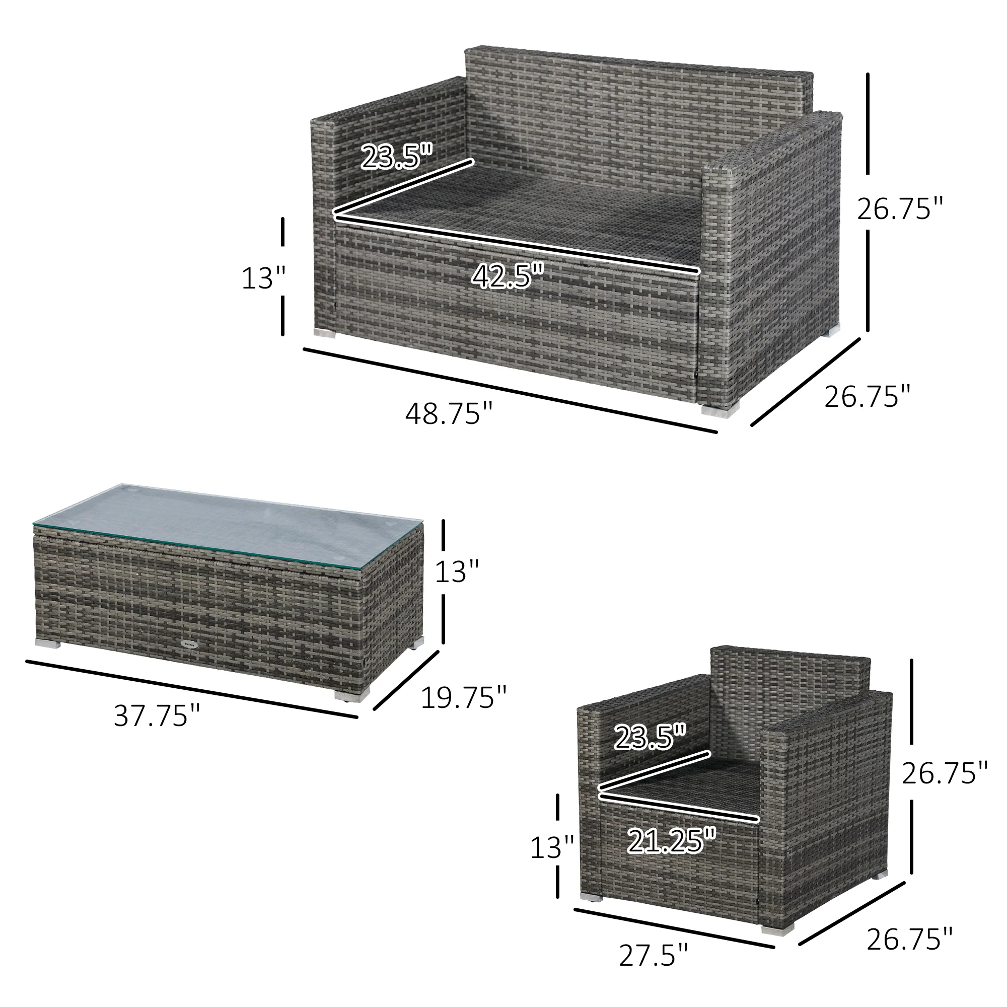 4-Piece Outdoor Wicker Sectional Set with Cushions & Glass Coffee Table, Black - Image 4