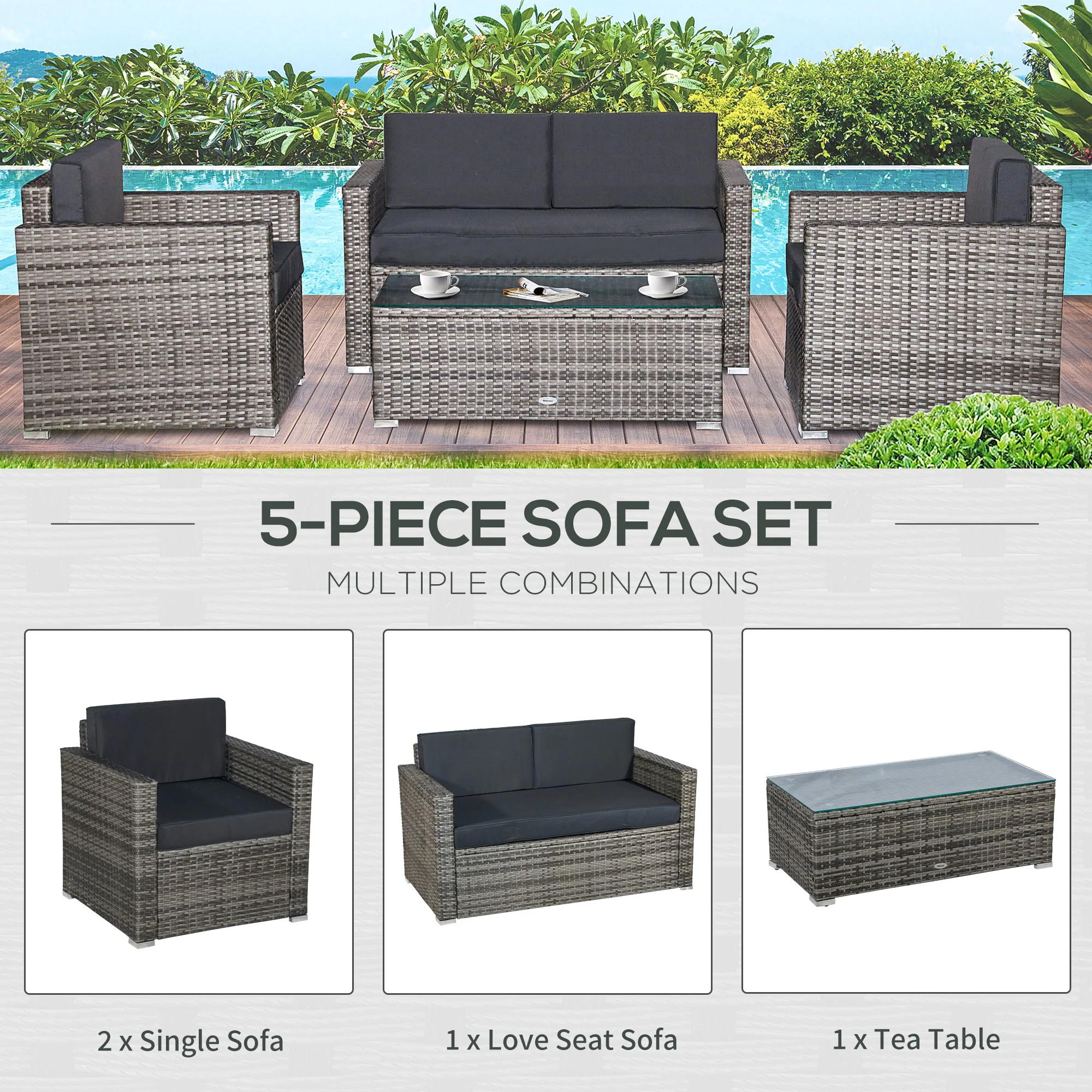 4-Piece Outdoor Wicker Sectional Set with Cushions & Glass Coffee Table, Black - Image 6