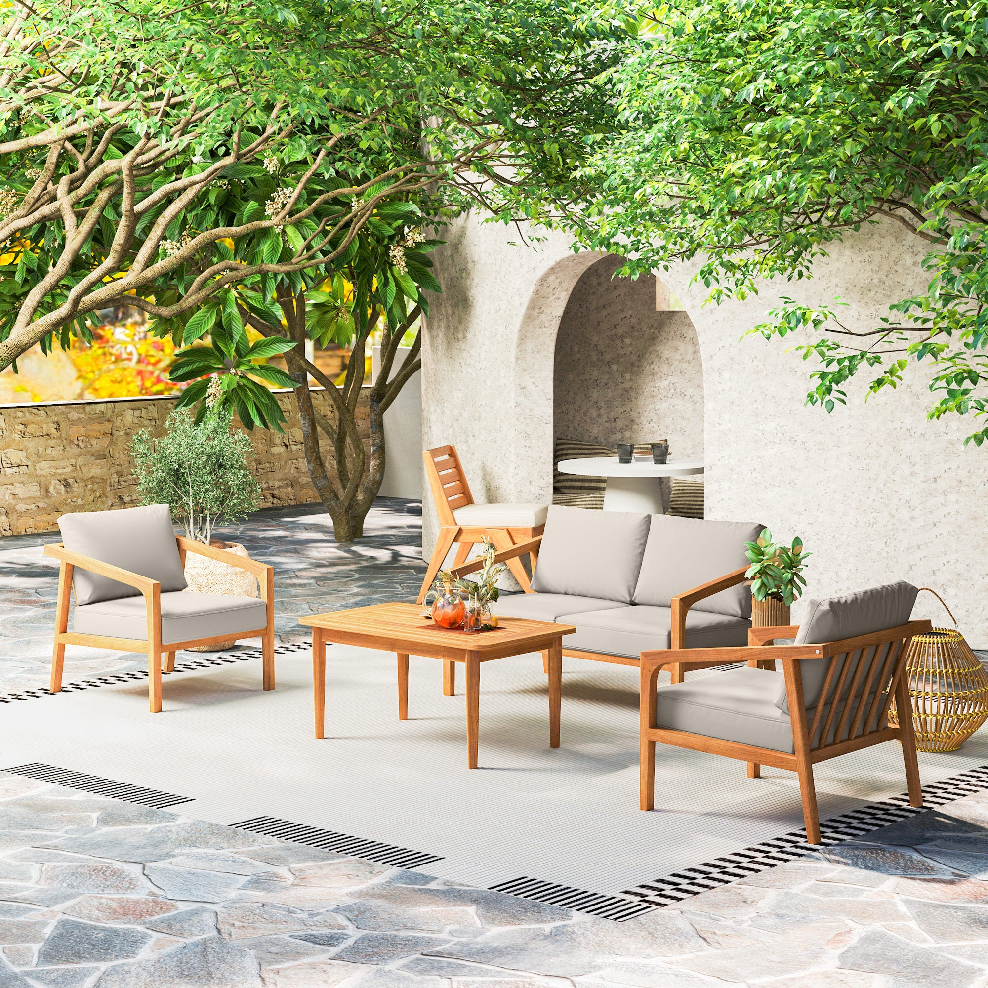 4 Pieces Acacia Wood Patio Furniture Set, Outdoor Sofa Set with Thickened Cushions, Teak - Image 10