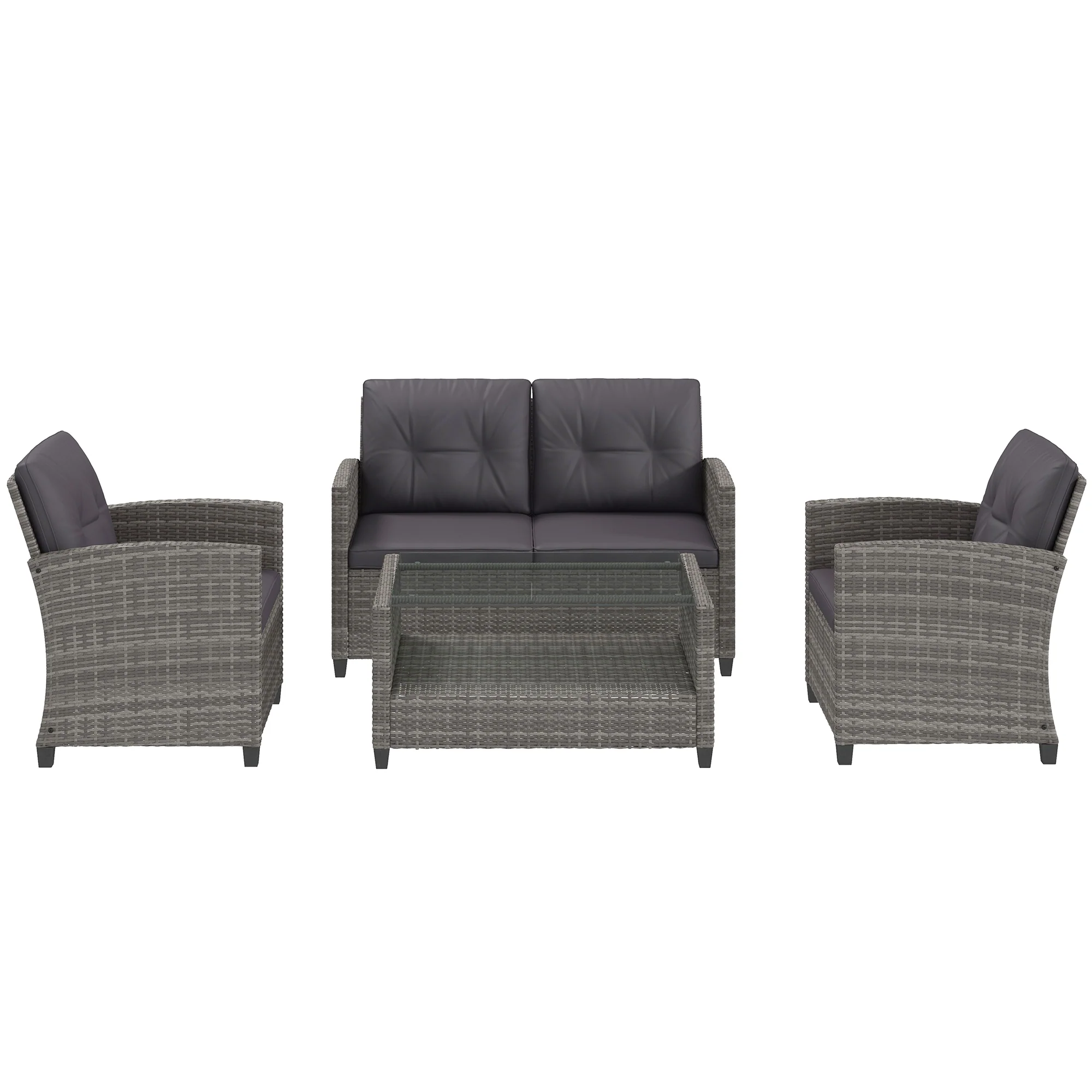 4-Piece PE Wicker Patio Set with Two-tier Coffee Table & Cushions, Charcoal - Image 2