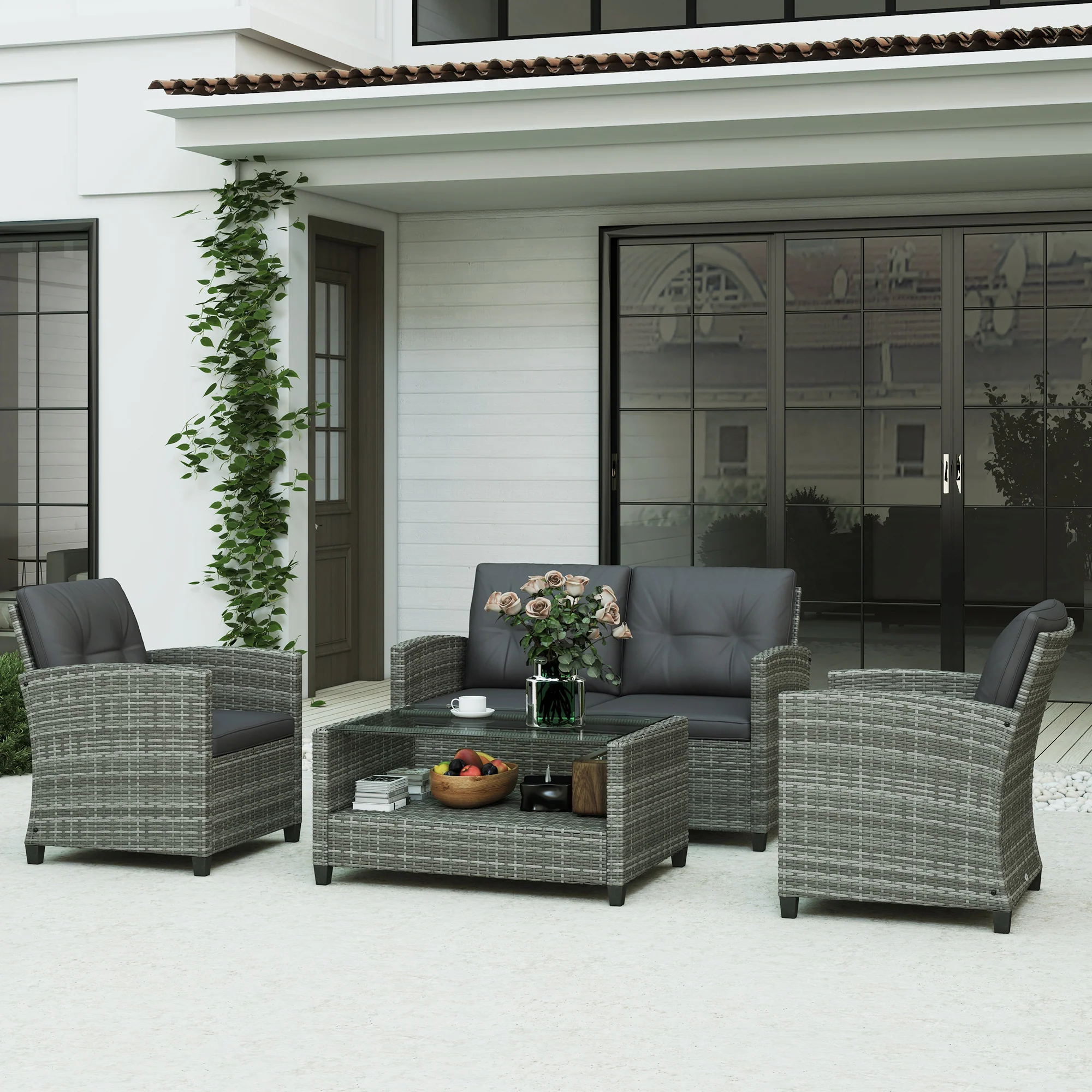 4-Piece PE Wicker Patio Set with Two-tier Coffee Table & Cushions, Charcoal - Image 3