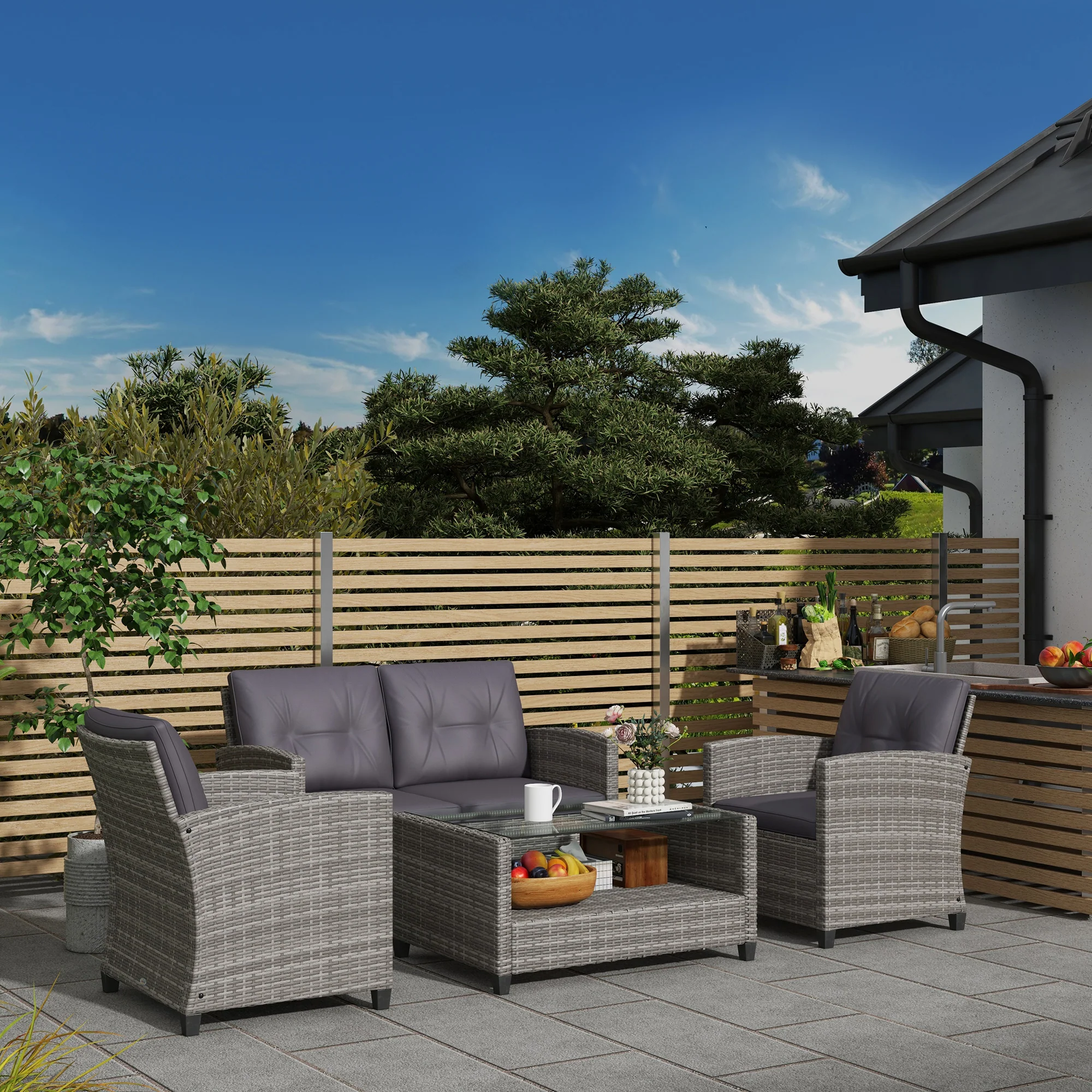 4-Piece PE Wicker Patio Set with Two-tier Coffee Table & Cushions, Charcoal - Image 4