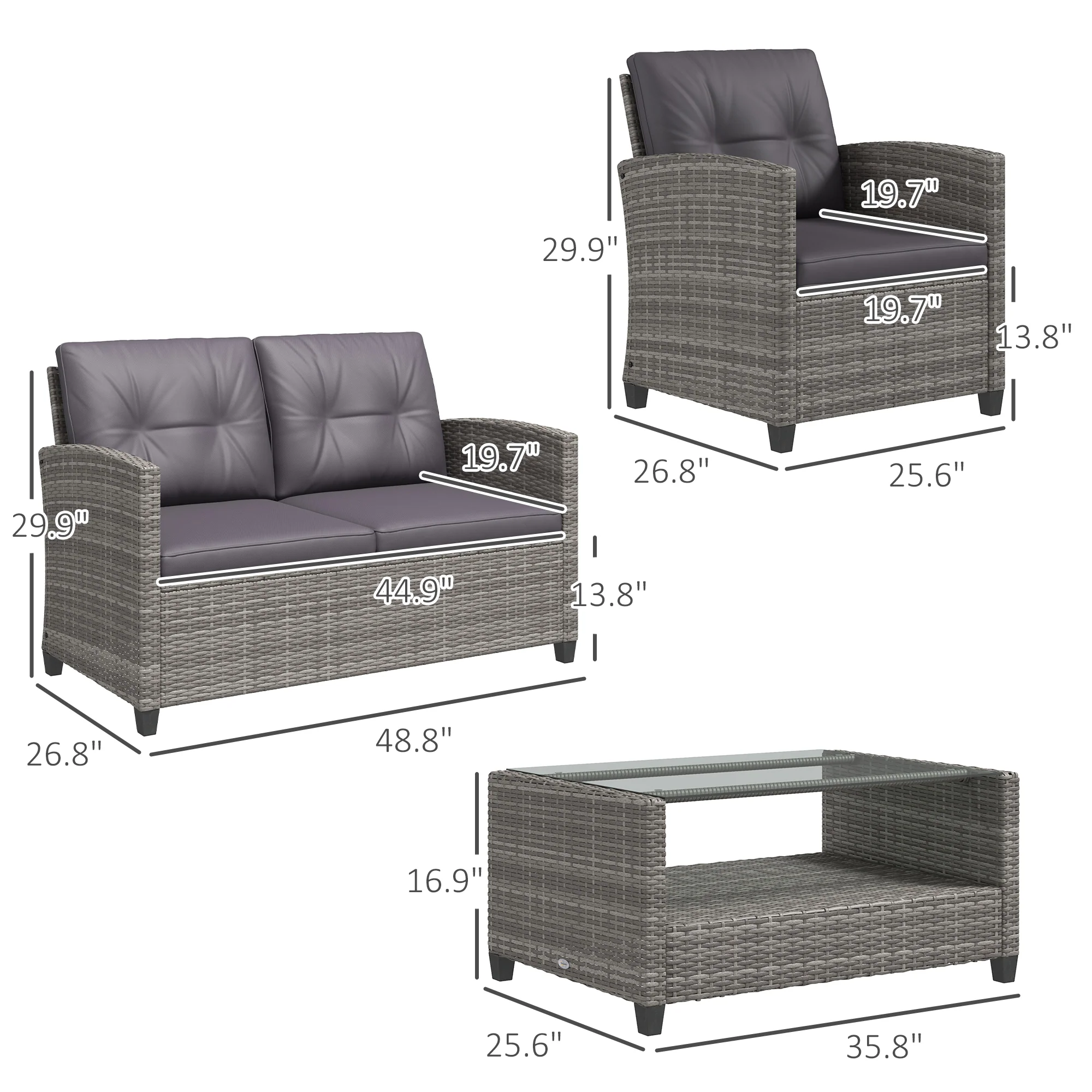 4-Piece PE Wicker Patio Set with Two-tier Coffee Table & Cushions, Charcoal - Image 5