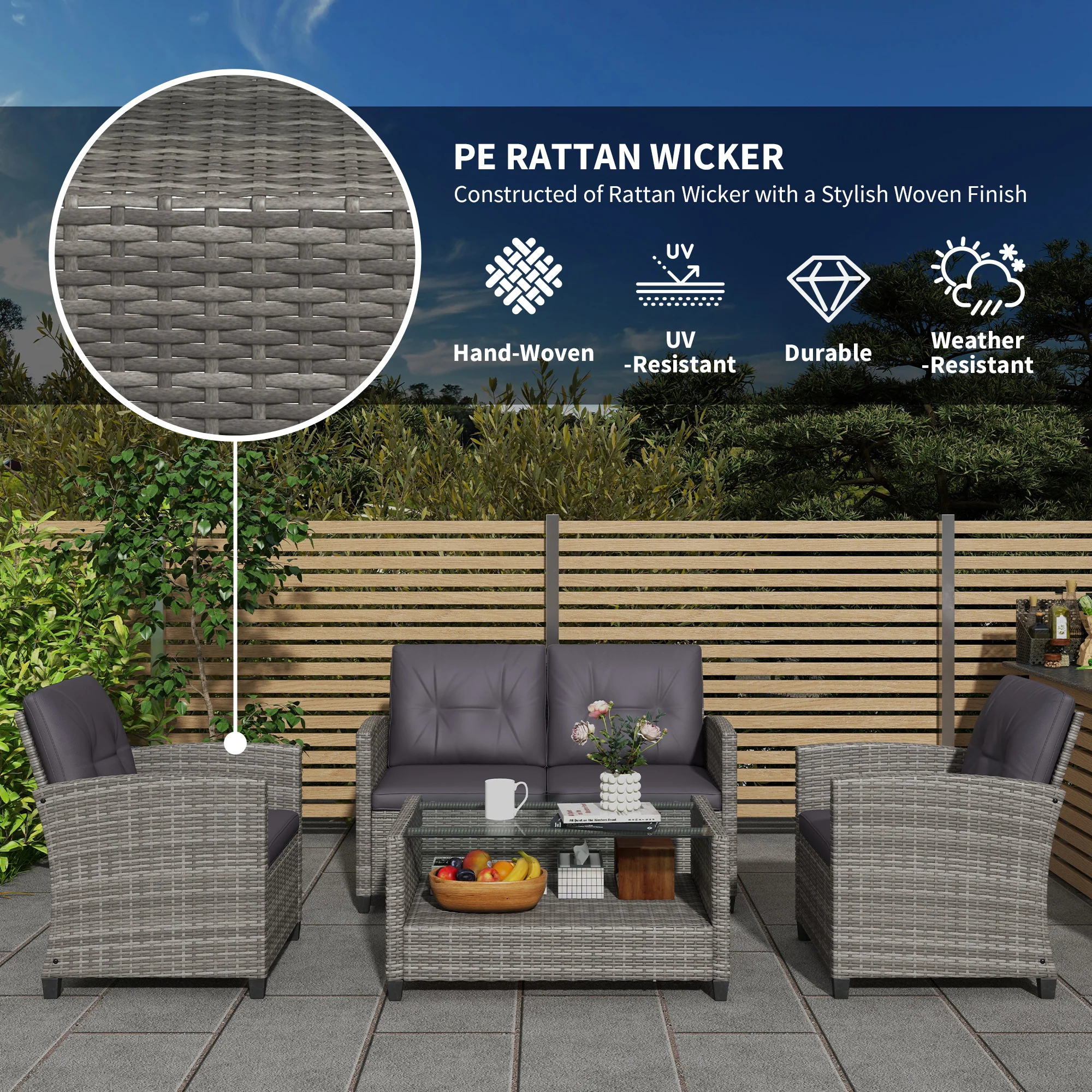 4-Piece PE Wicker Patio Set with Two-tier Coffee Table & Cushions, Charcoal - Image 6