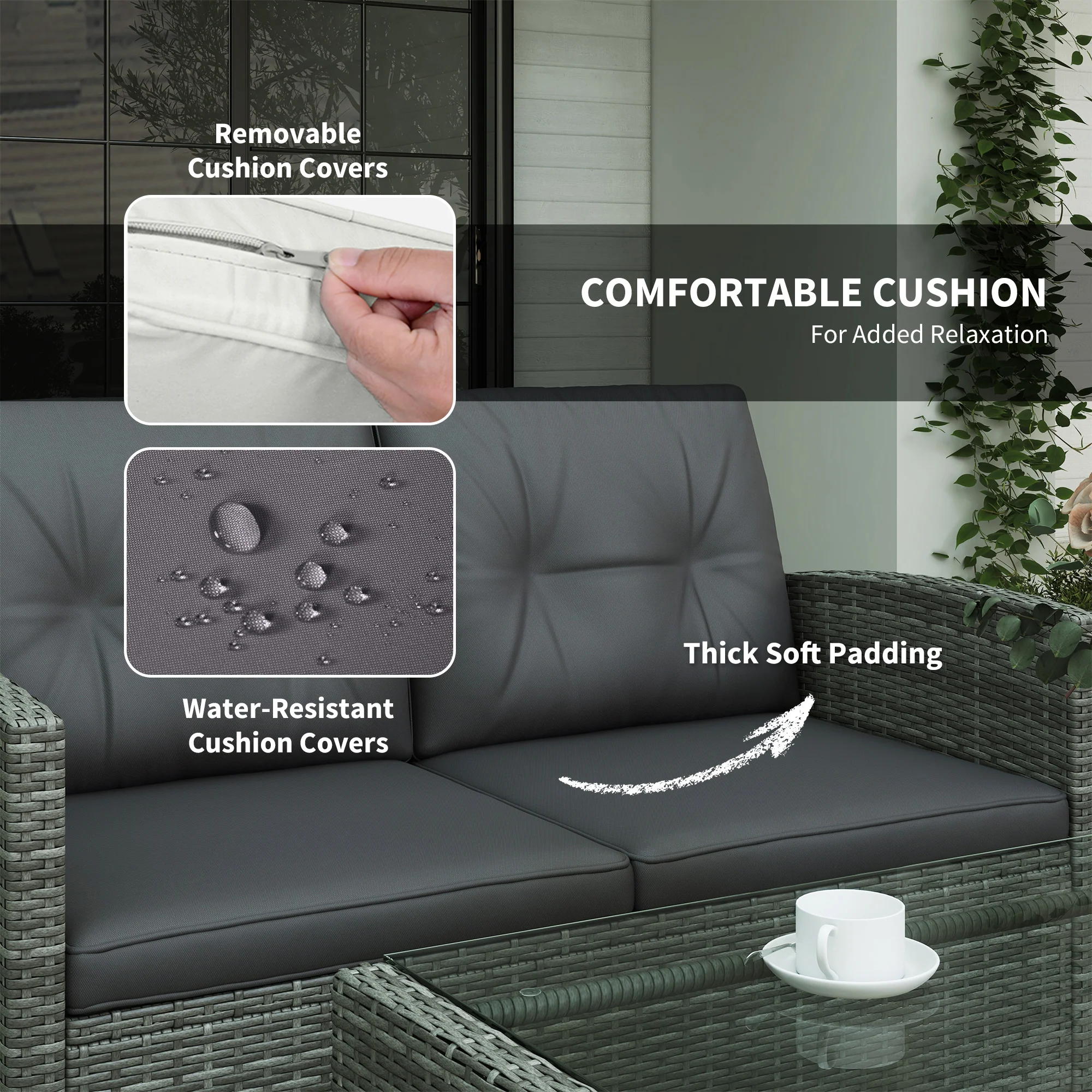 4-Piece PE Wicker Patio Set with Two-tier Coffee Table & Cushions, Charcoal - Image 7
