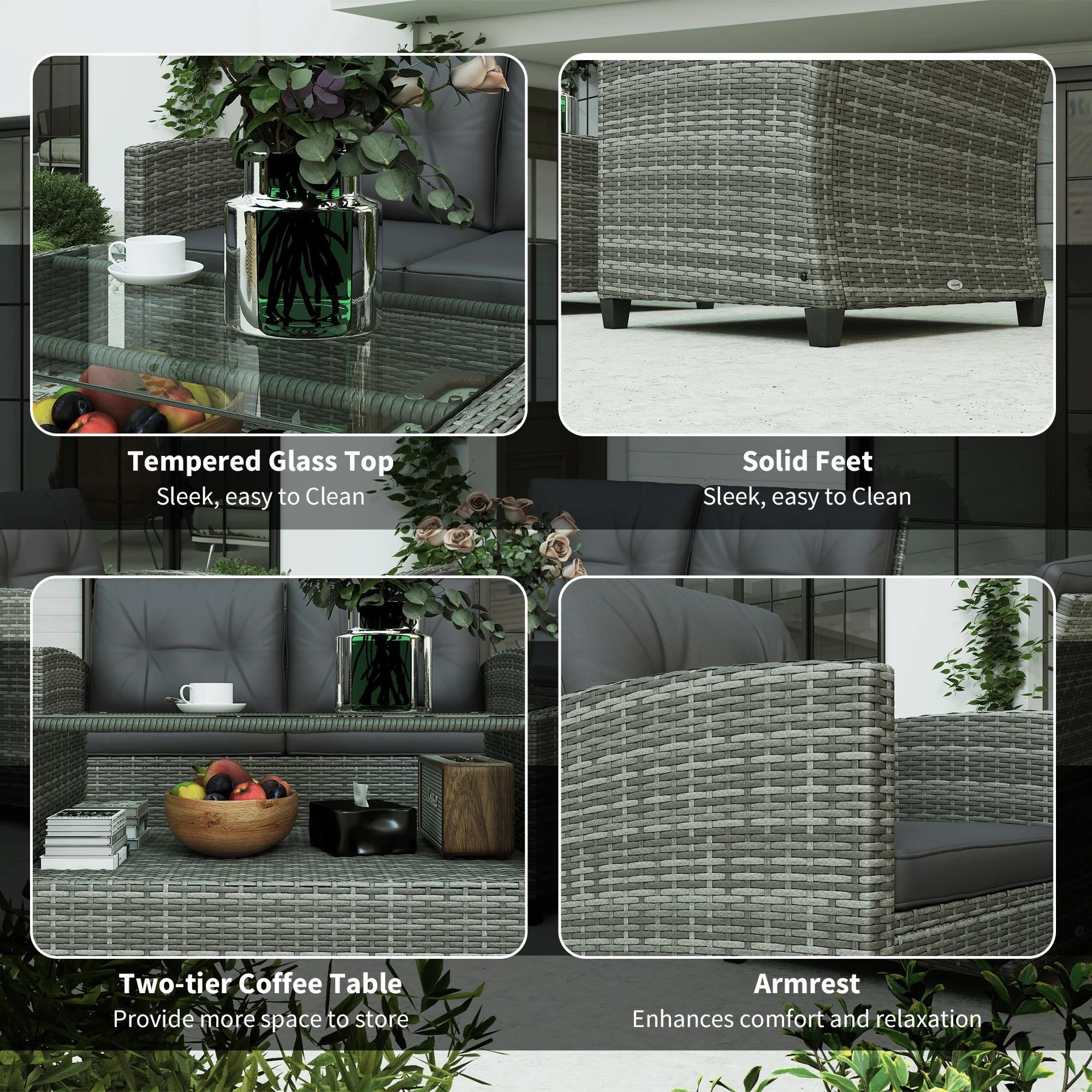 4-Piece PE Wicker Patio Set with Two-tier Coffee Table & Cushions, Charcoal - Image 8