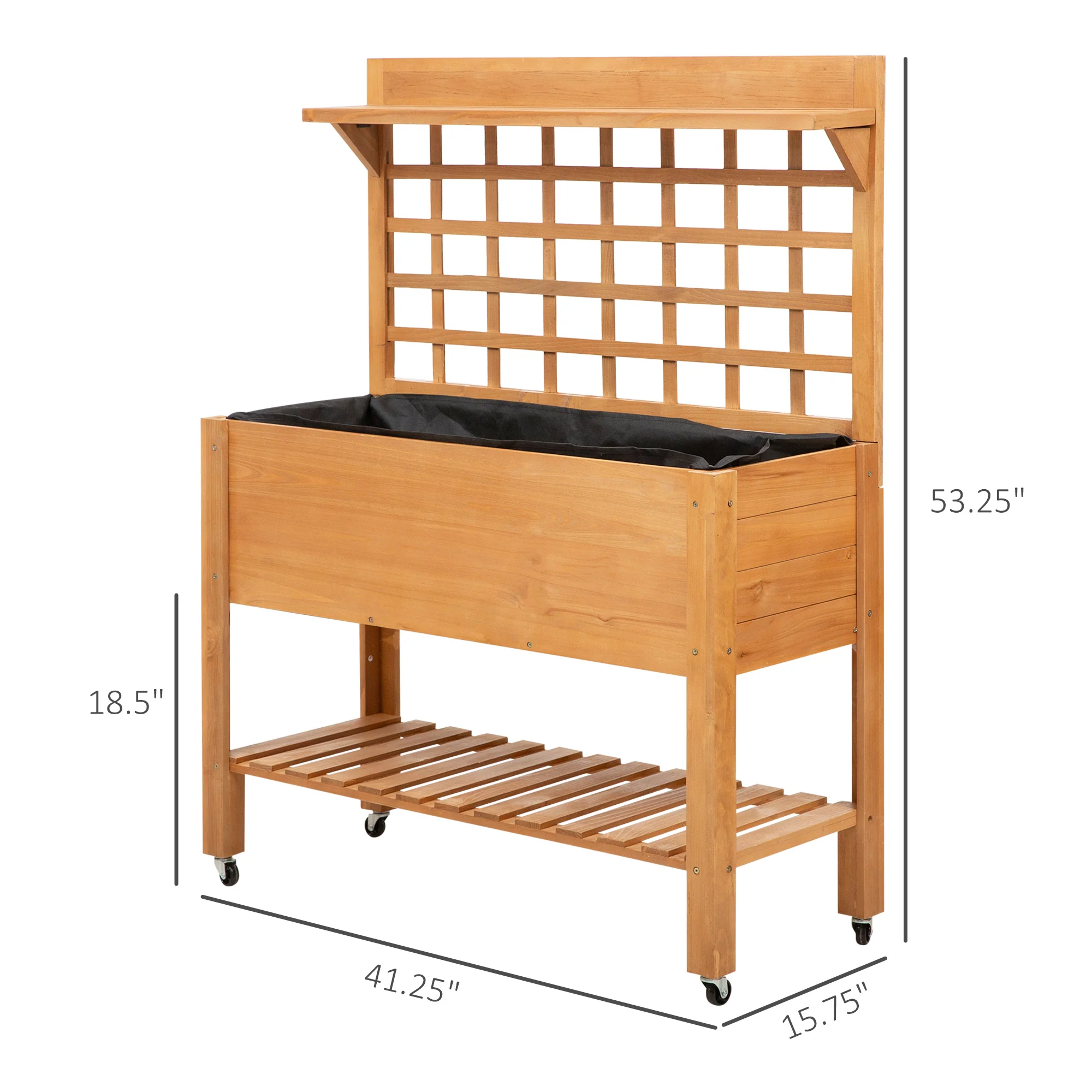 41" Mobile Planter Box with Trellis, Wheels, Storage Shelf, for Flowers, Herbs, Brown - Image 5