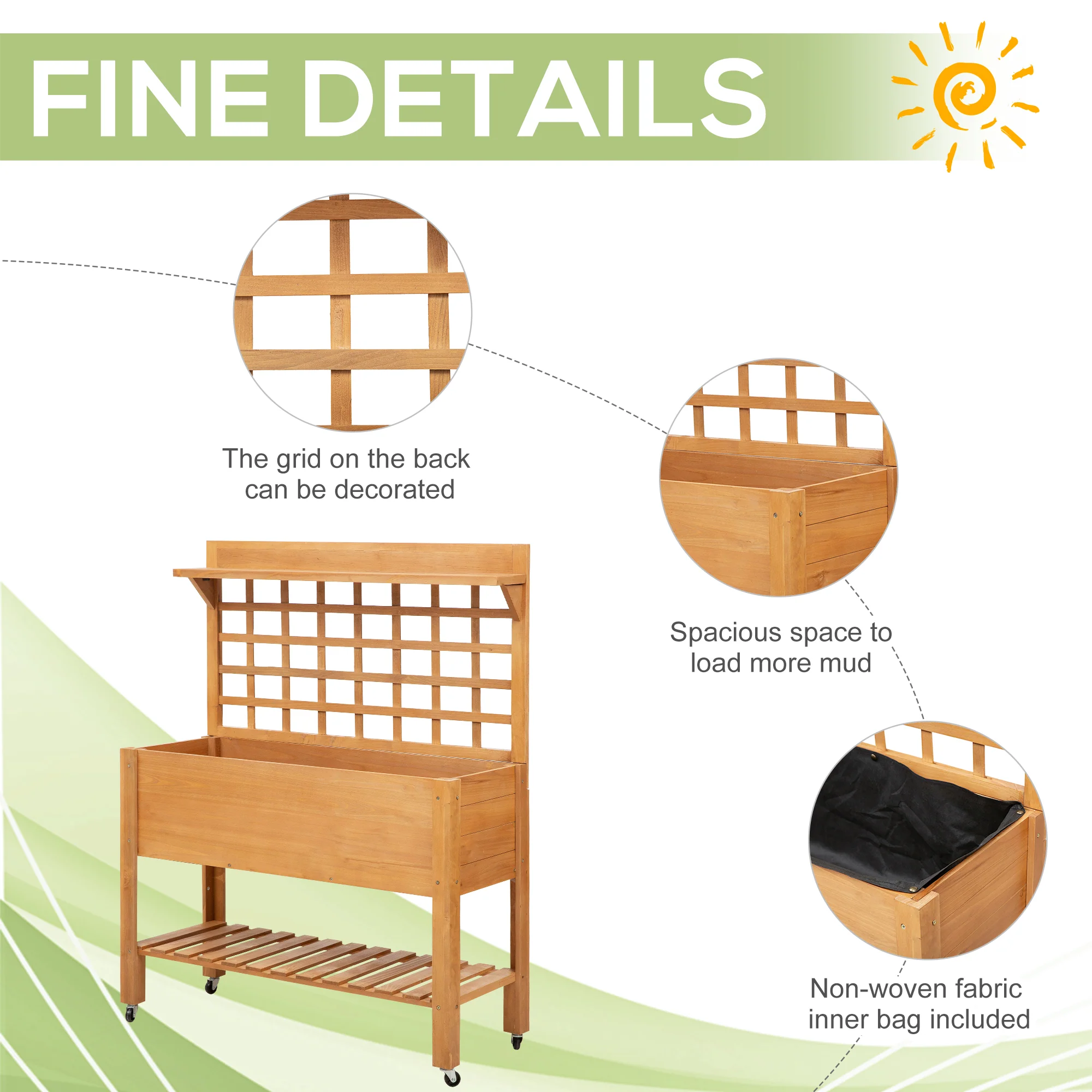 41" Mobile Planter Box with Trellis, Wheels, Storage Shelf, for Flowers, Herbs, Brown - Image 9