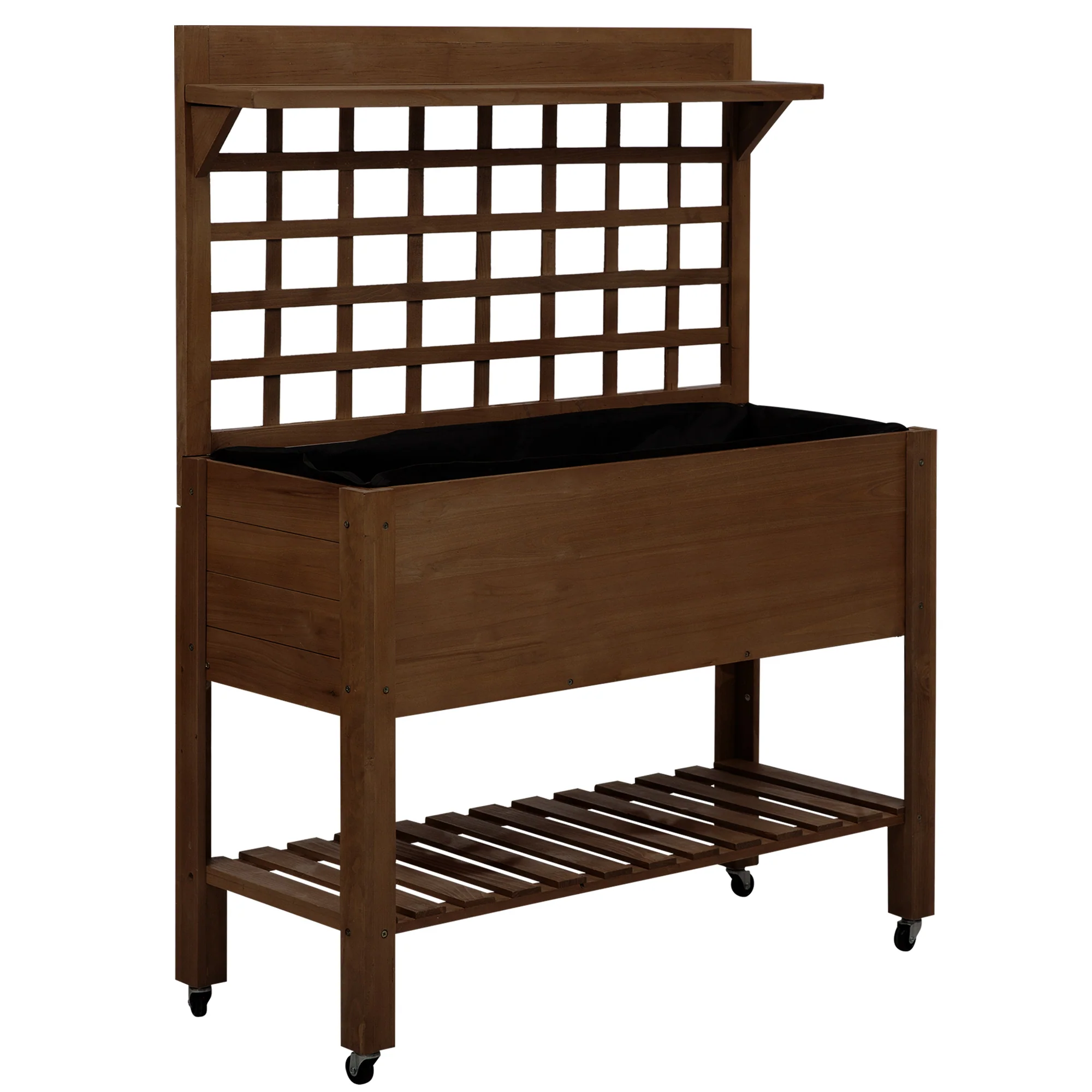 41" Mobile Planter Box with Trellis, Wheels, Storage Shelf, for Flowers, Herbs, Dark Brown - Image 12