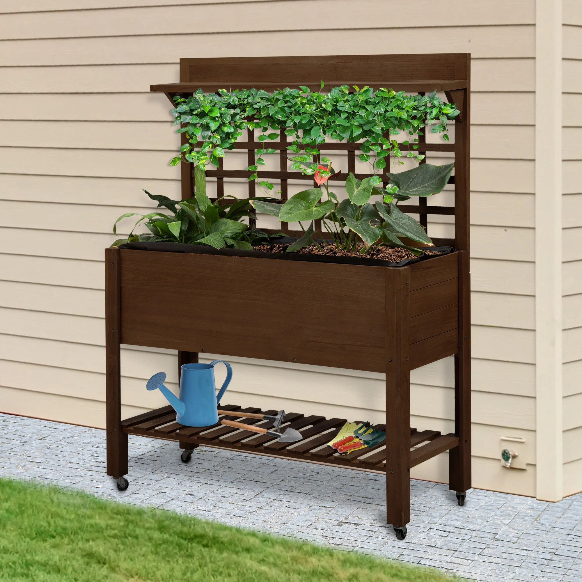 41" Mobile Planter Box with Trellis, Wheels, Storage Shelf, for Flowers, Herbs, Dark Brown - Image 3