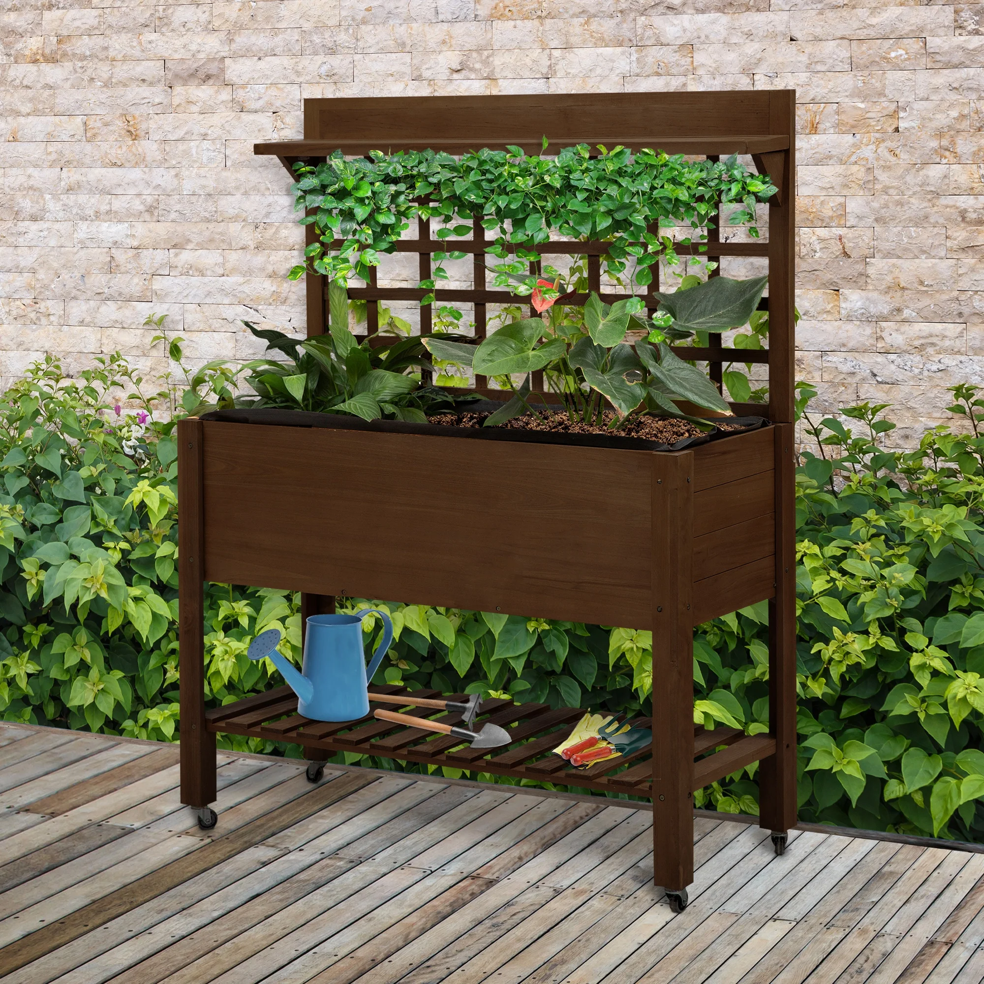 41" Mobile Planter Box with Trellis, Wheels, Storage Shelf, for Flowers, Herbs, Dark Brown - Image 4