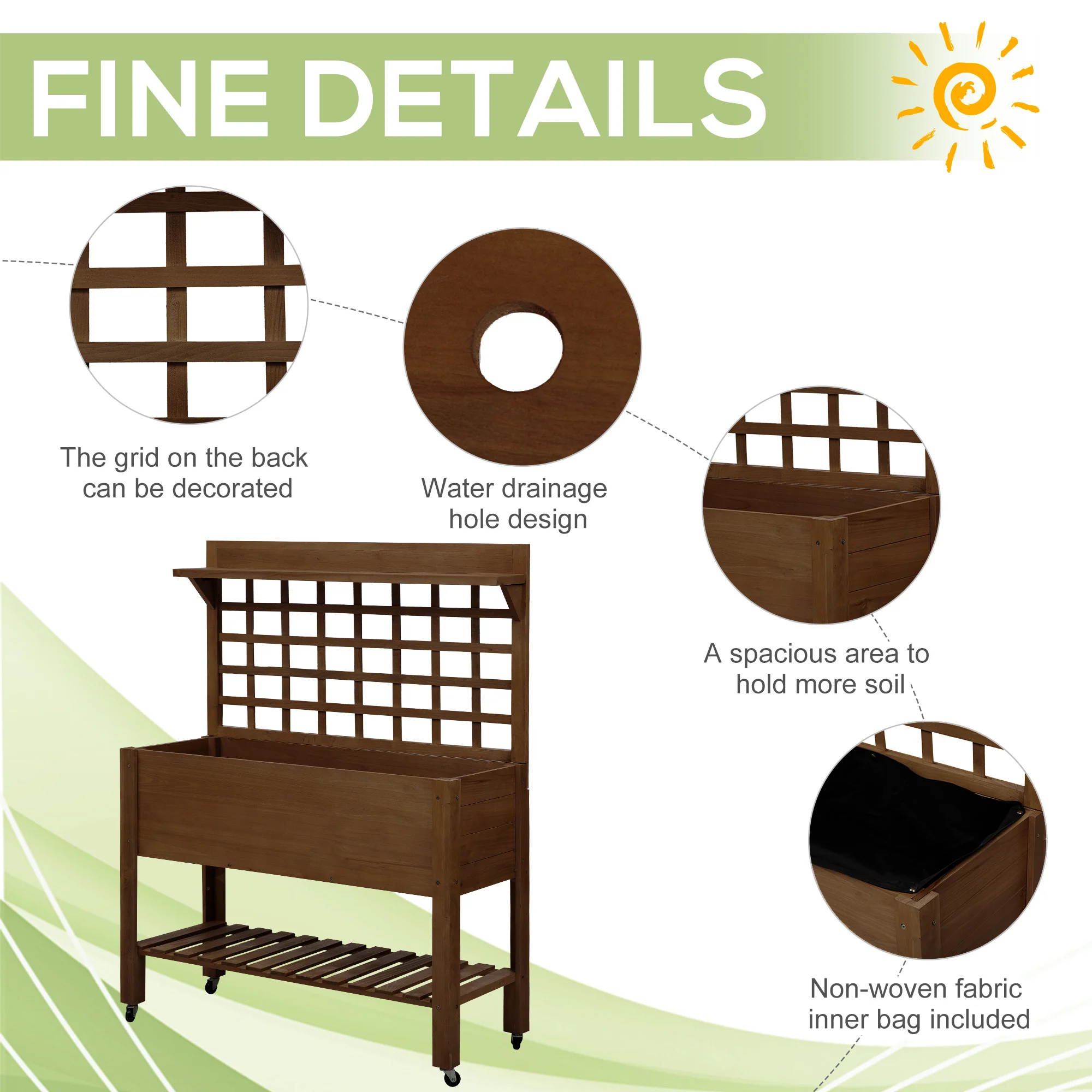 41" Mobile Planter Box with Trellis, Wheels, Storage Shelf, for Flowers, Herbs, Dark Brown - Image 9