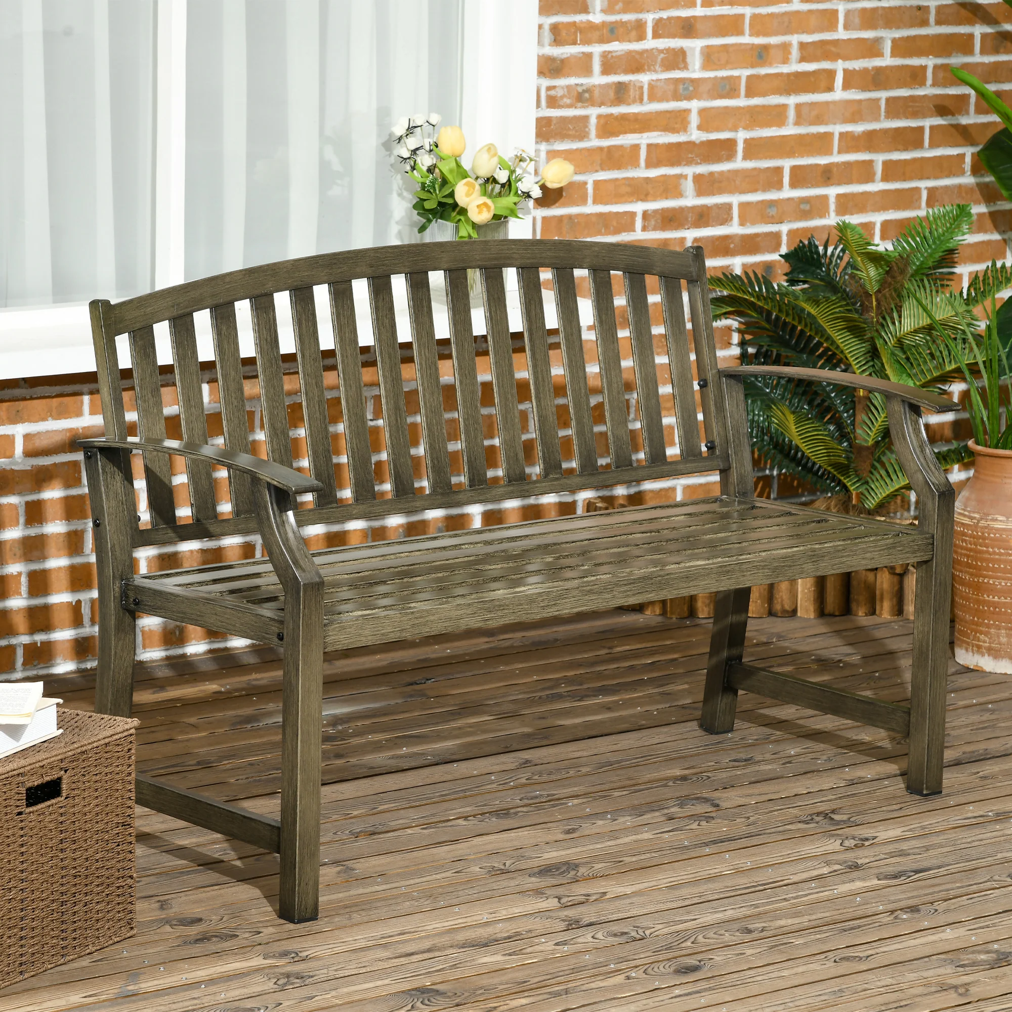 46" Outdoor Metal Bench with Wood-Look Slatted Frame, Black - Image 3