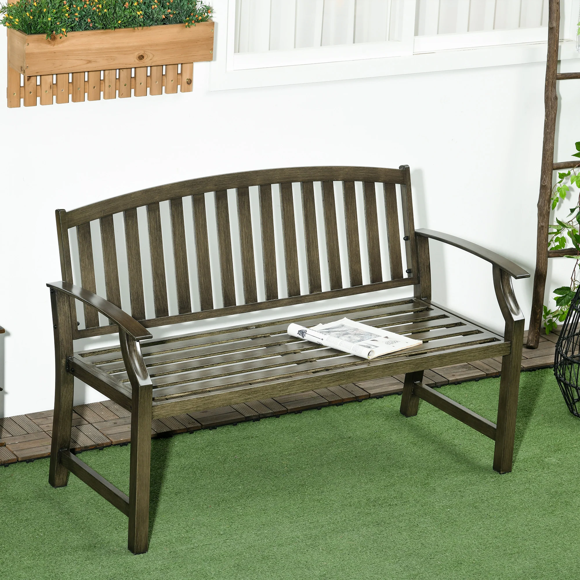46" Outdoor Metal Bench with Wood-Look Slatted Frame, Black - Image 4