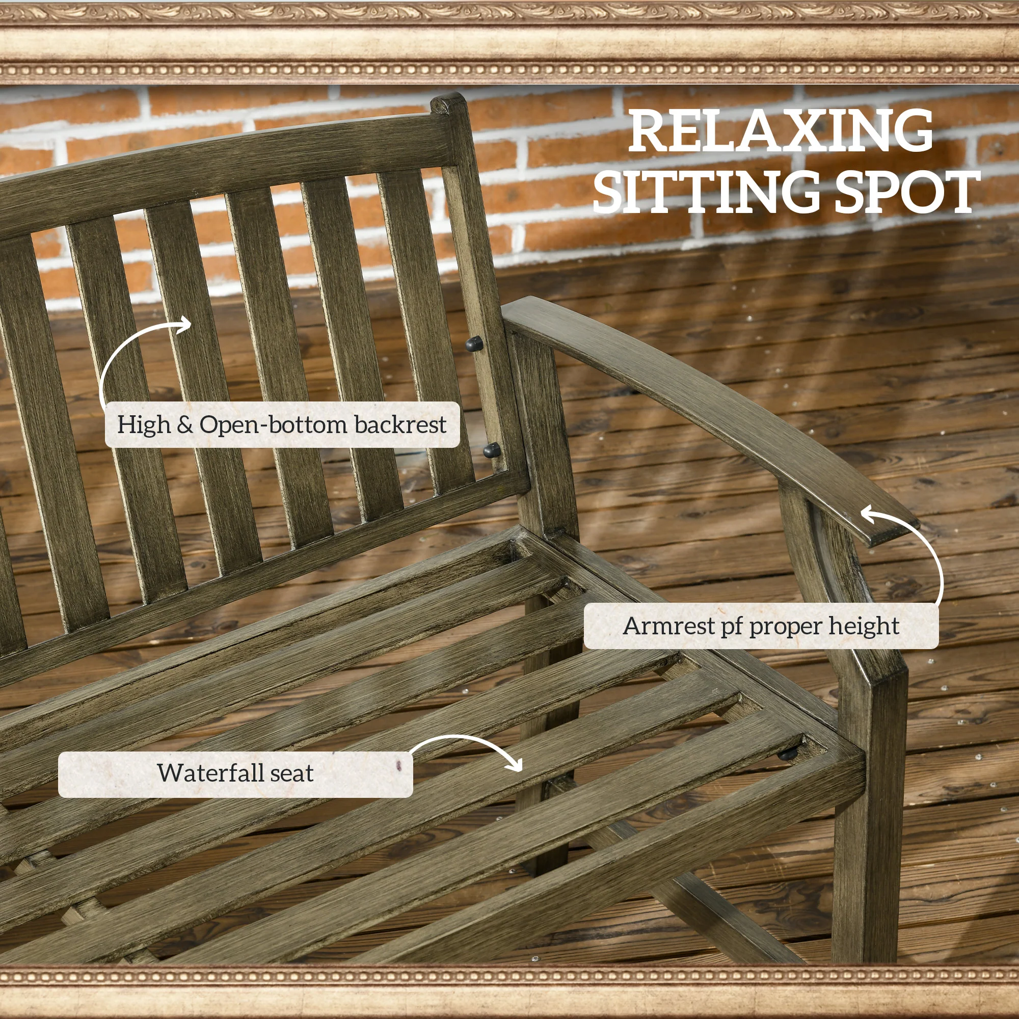 46" Outdoor Metal Bench with Wood-Look Slatted Frame, Black - Image 7