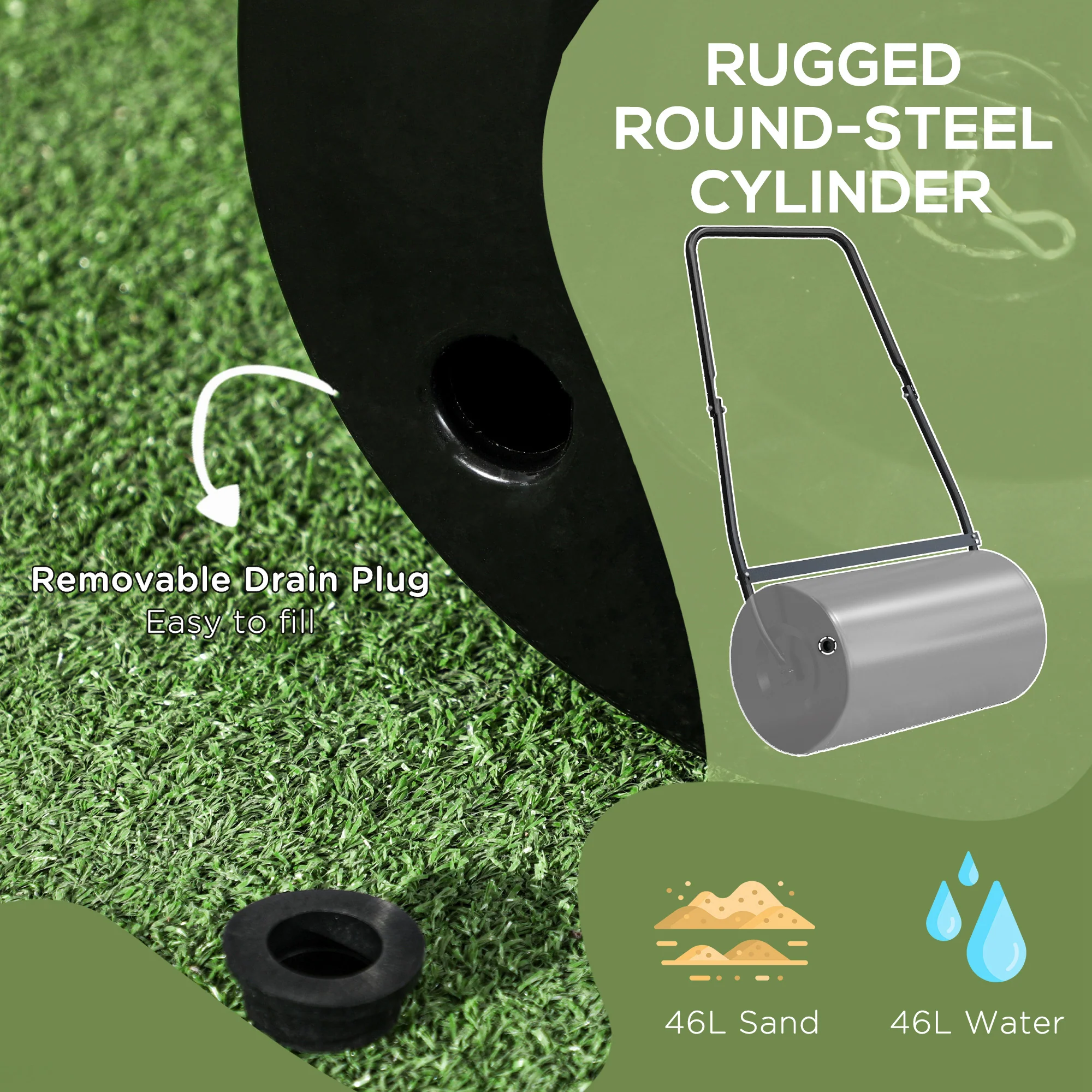 46L Lawn Roller, Push/Tow Behind Sod Roller with U Shaped Handle, Water Filled Yard Roller - Image 6