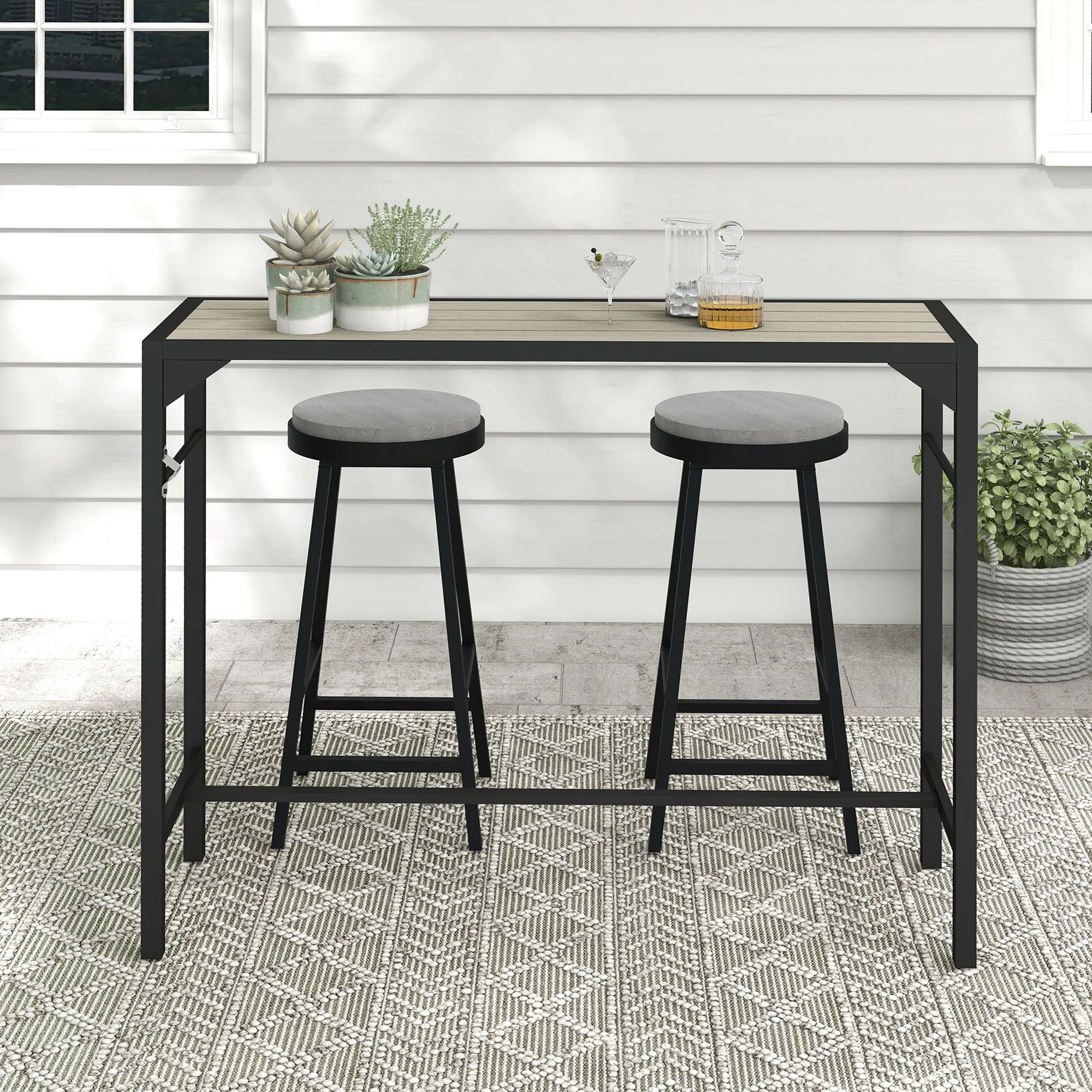 47" Outdoor Bar Table with Built-In Bottle Opener & Wood Grain Plastic Top - Image 4