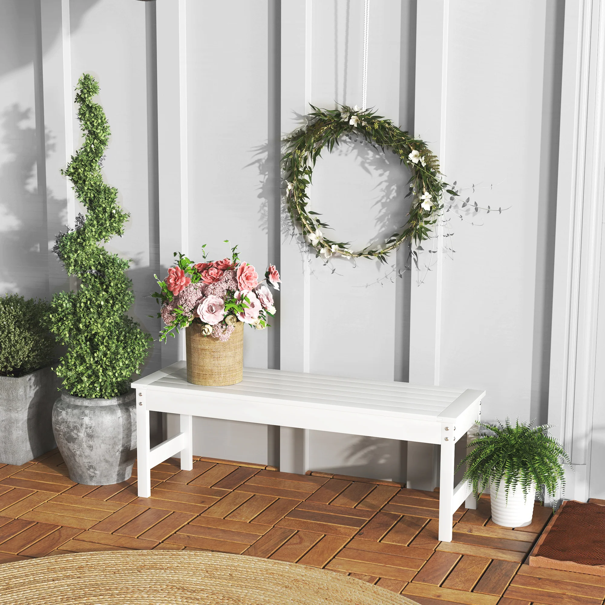 47" All-Weather HDPE Backless Bench with Slatted Seat, White - Image 4