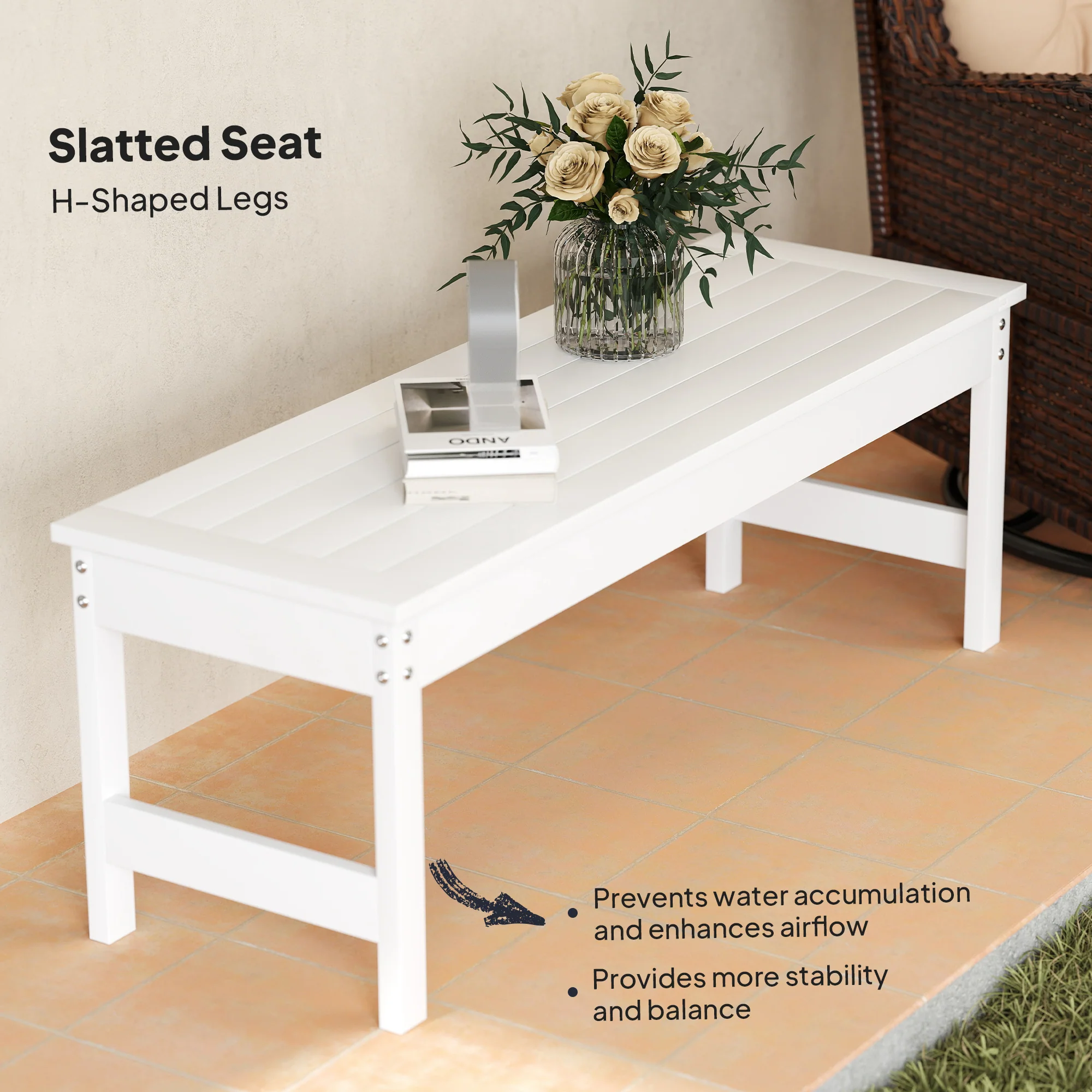 47" All-Weather HDPE Backless Bench with Slatted Seat, White - Image 8