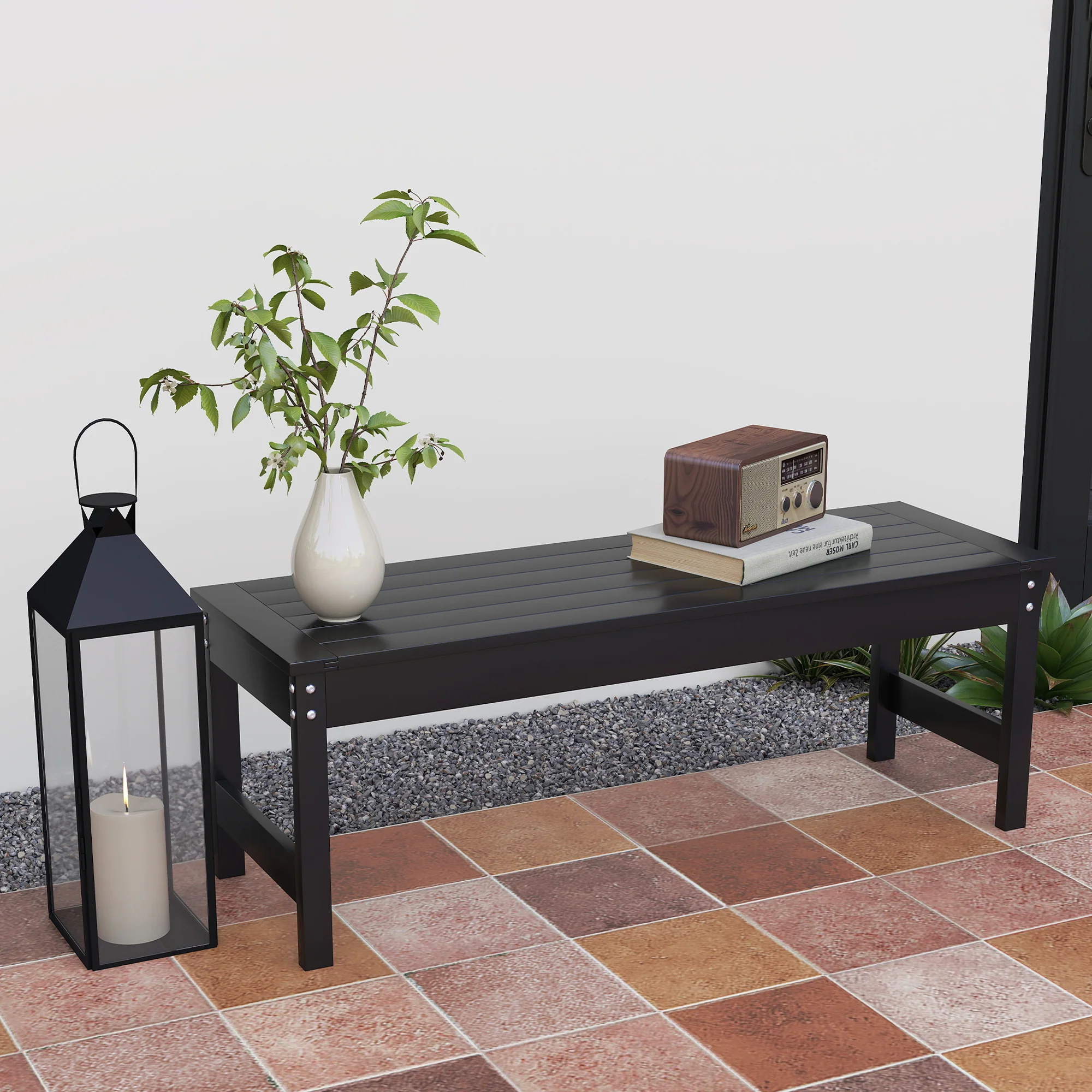 47" All-Weather HDPE Backless Bench with Slatted Seat, Black - Image 3