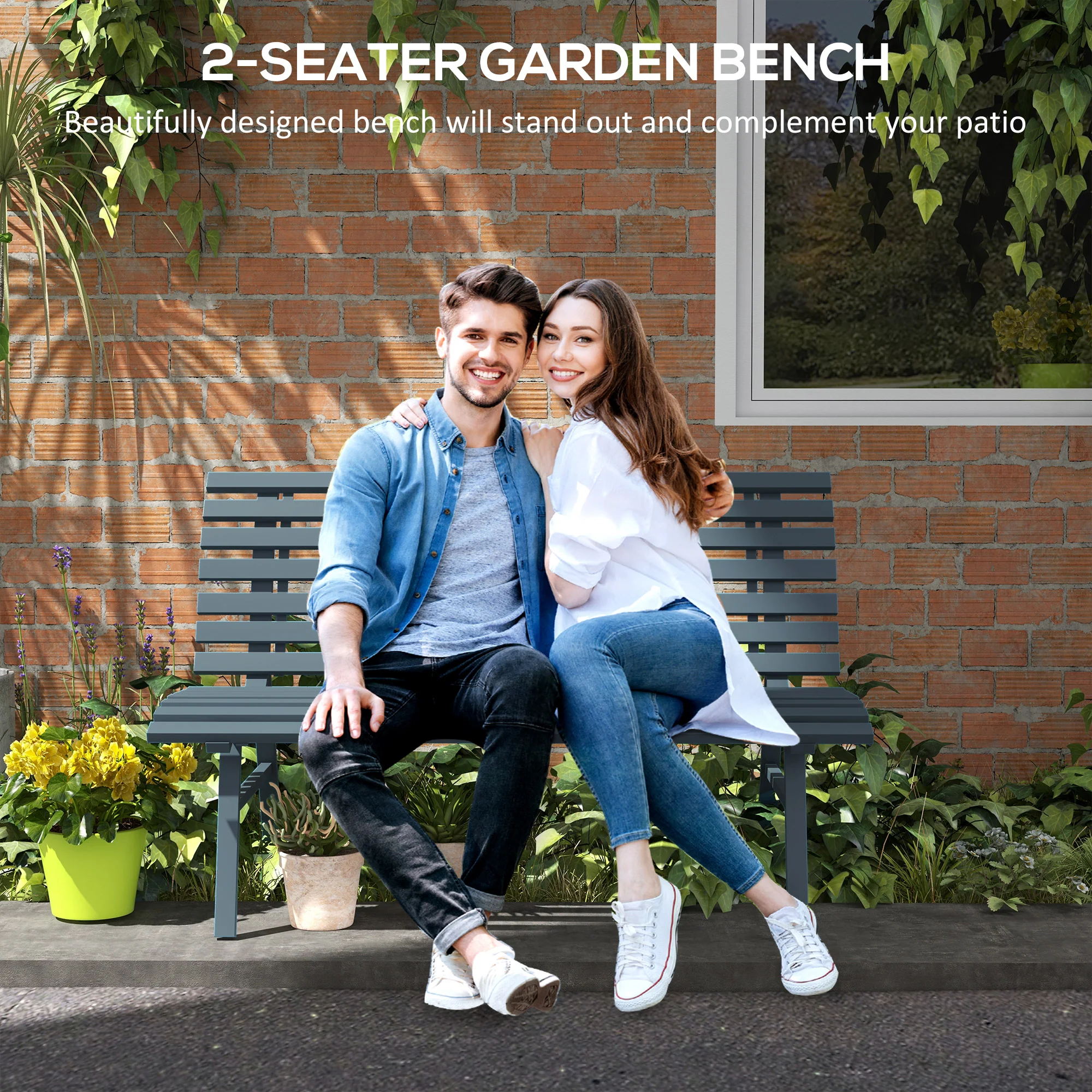 48.5" Lightweight Aluminum Outdoor Bench with Slatted Seat, Blue - Image 6
