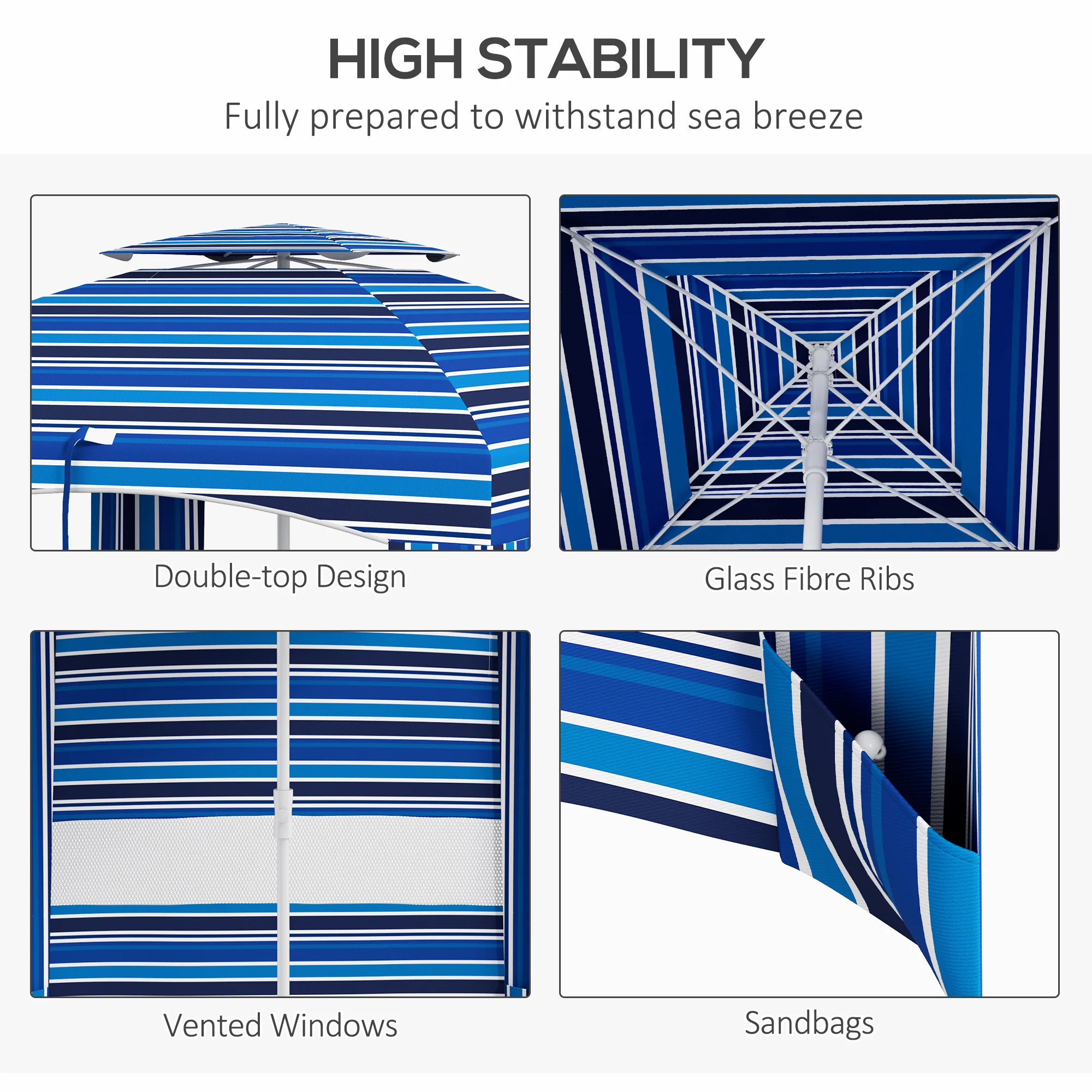 5.8' x 5.8' Cabana Umbrella with Walls & Vents, Blue Stripe - Image 7