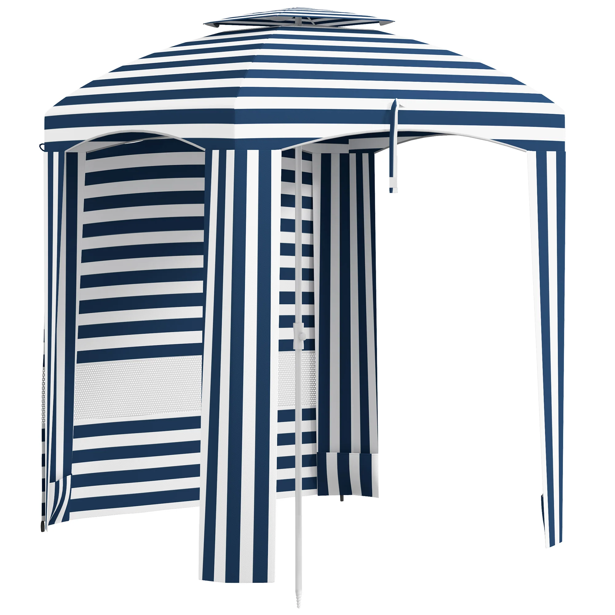5.8' x 5.8' Beach Cabana Umbrella with Walls, Vents, Ruffles & Carry Bag, Blue & White Stripe - Image 12