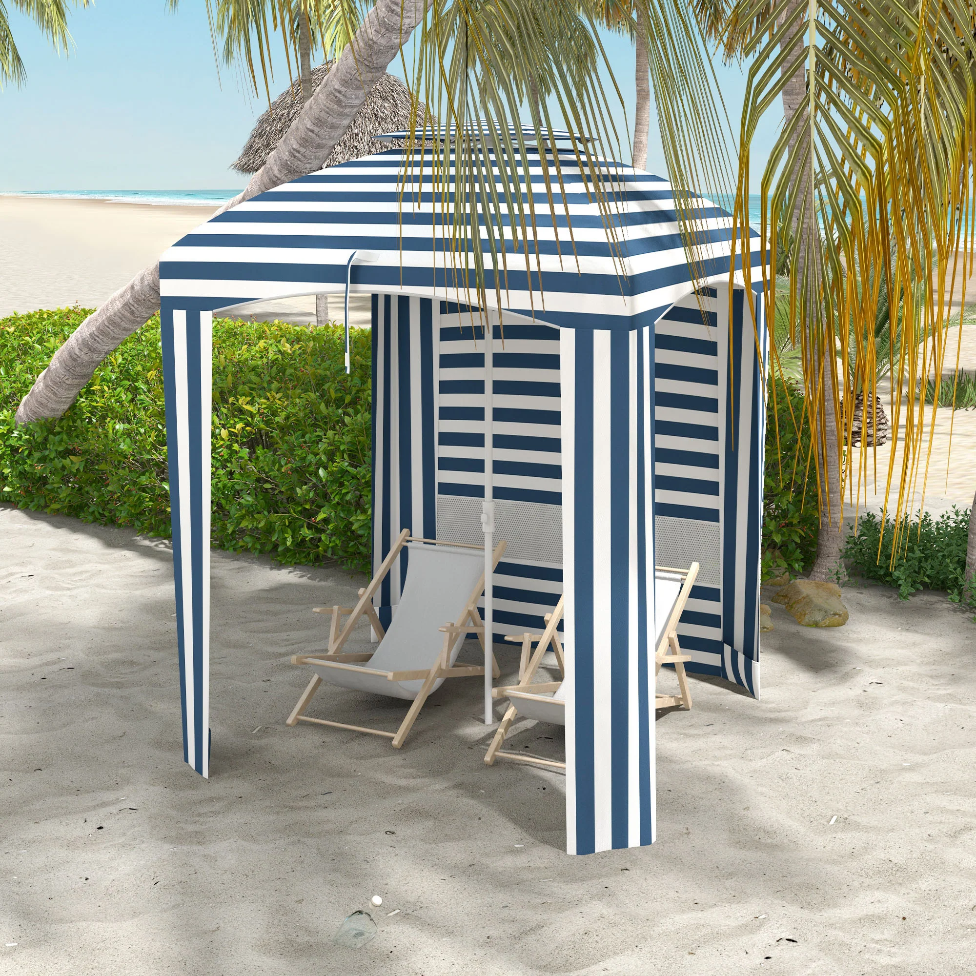 5.8' x 5.8' Beach Cabana Umbrella with Walls, Vents, Ruffles & Carry Bag, Blue & White Stripe - Image 3