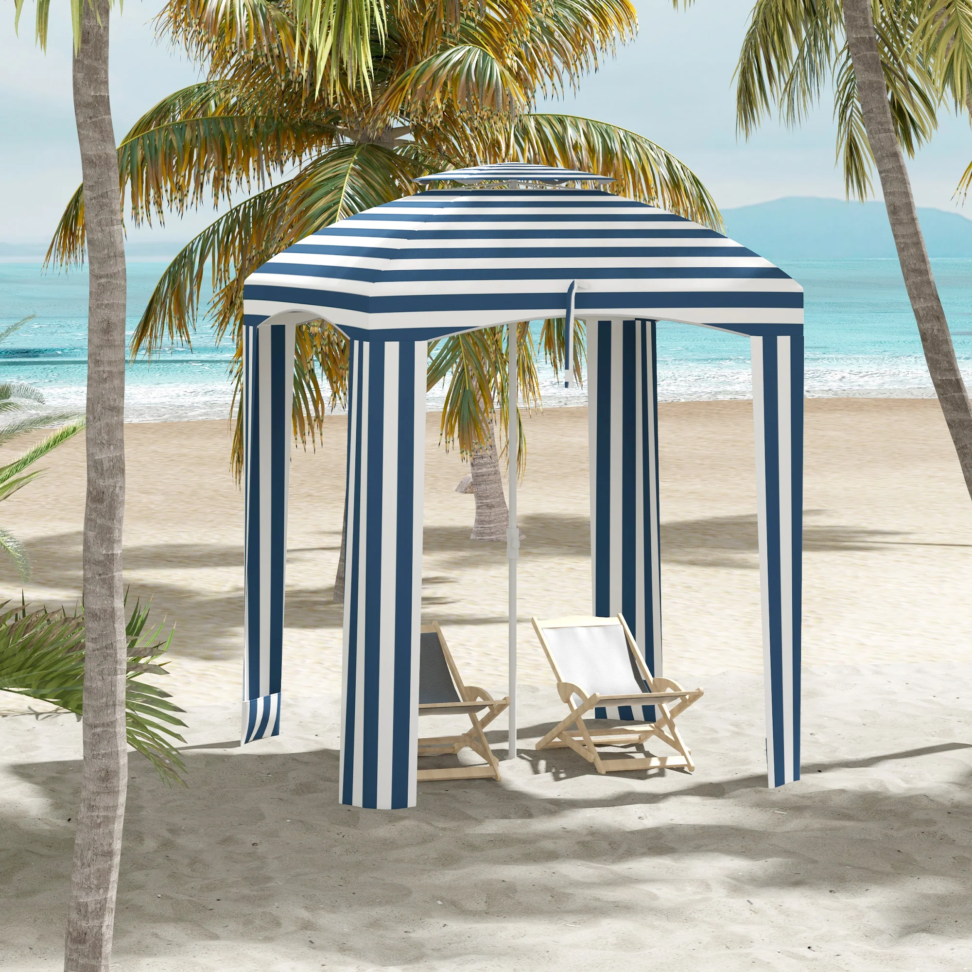 5.8' x 5.8' Beach Cabana Umbrella with Walls, Vents, Ruffles & Carry Bag, Blue & White Stripe - Image 4