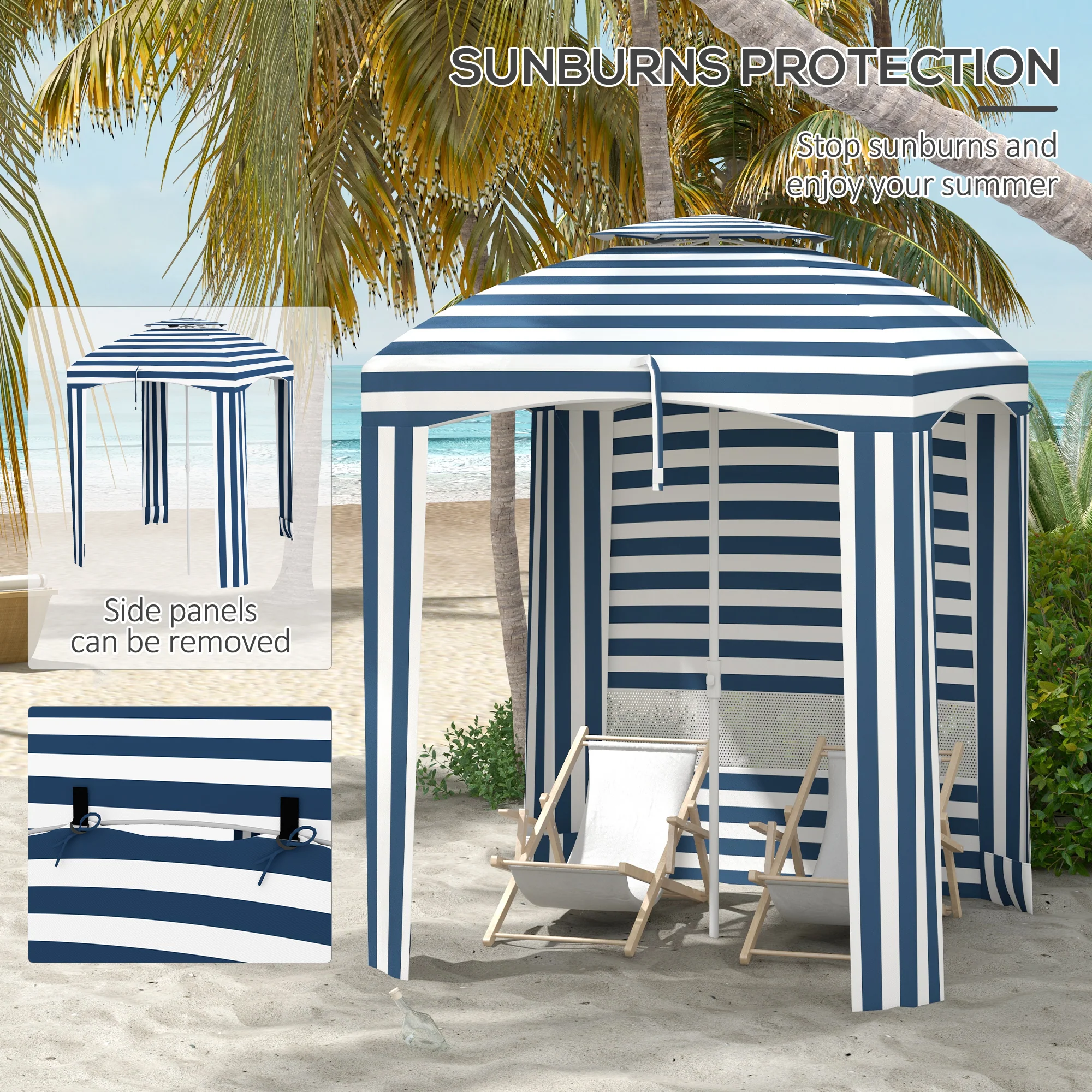 5.8' x 5.8' Beach Cabana Umbrella with Walls, Vents, Ruffles & Carry Bag, Blue & White Stripe - Image 6