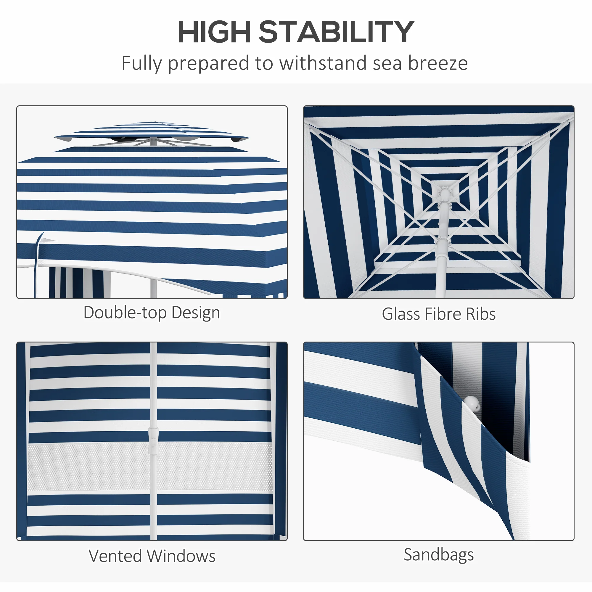 5.8' x 5.8' Beach Cabana Umbrella with Walls, Vents, Ruffles & Carry Bag, Blue & White Stripe - Image 7