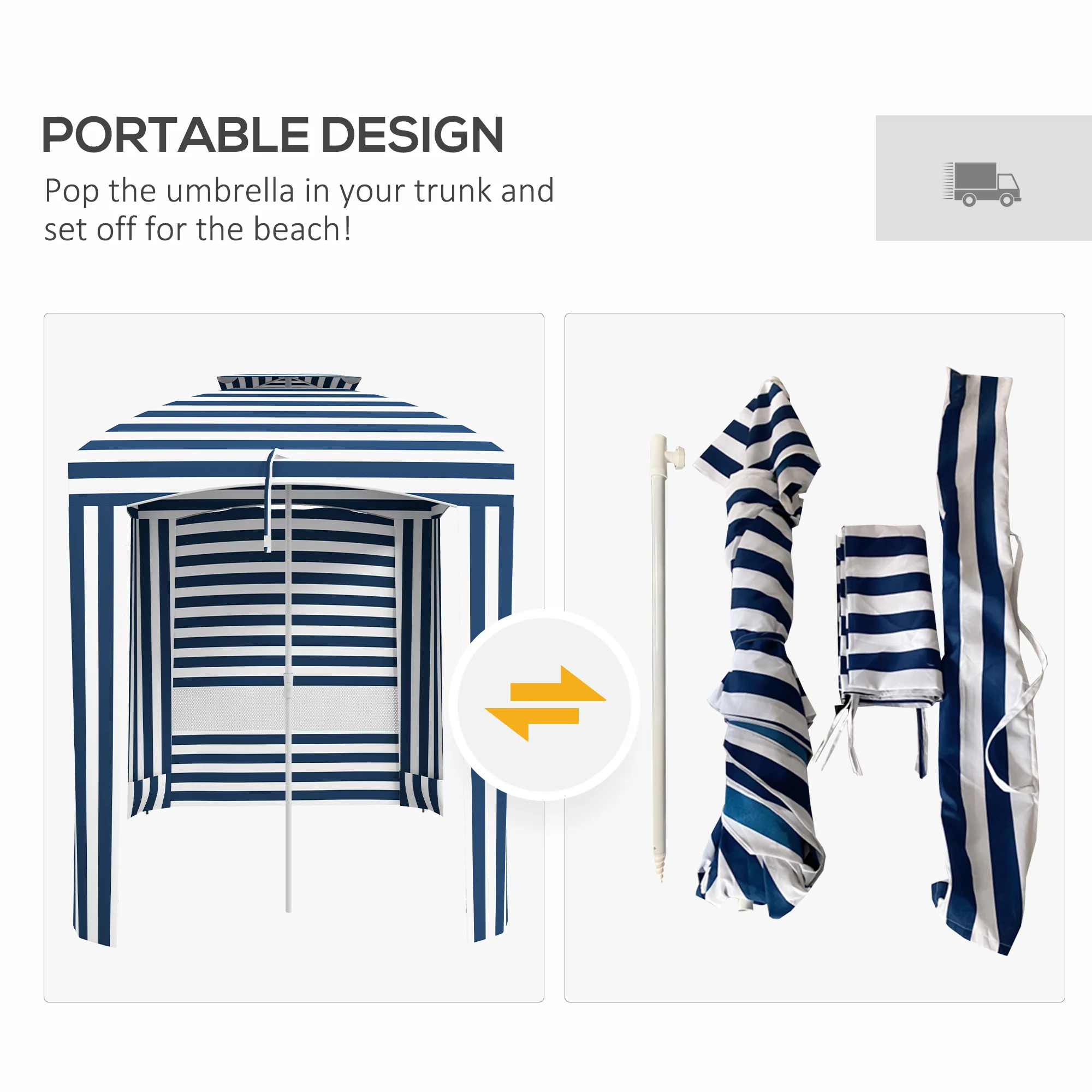 5.8' x 5.8' Beach Cabana Umbrella with Walls, Vents, Ruffles & Carry Bag, Blue & White Stripe - Image 8