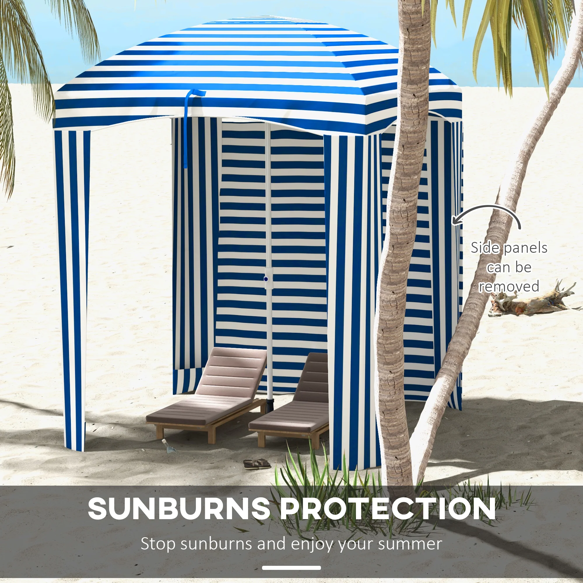 5.8' x 5.8' Cabana Umbrella with Walls & Vents, Blue & White Stripes - Image 6