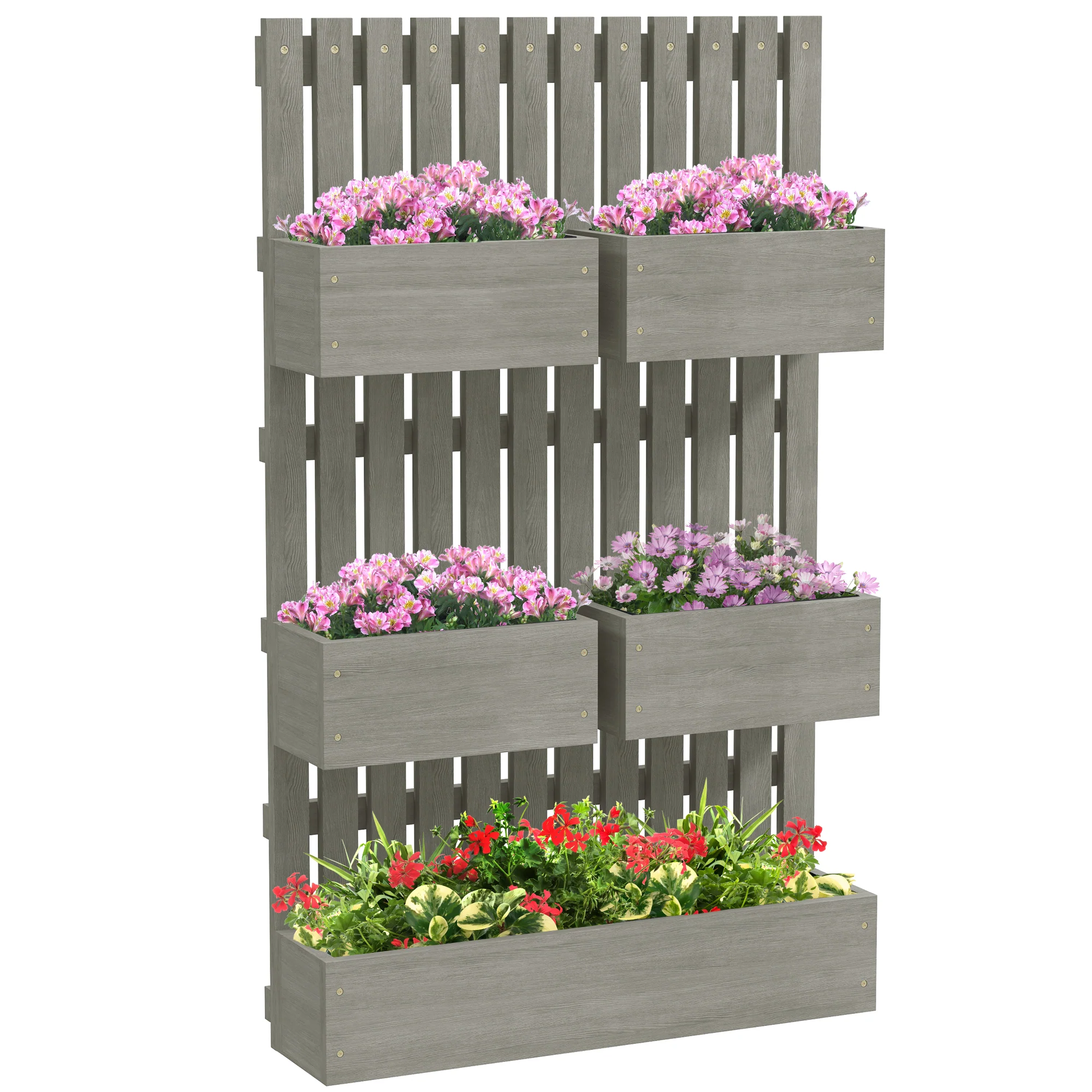 5 Box Raised Garden Bed with Trellis for Vine Flowers & Climbing Plants, 39" Tall Wall-Mounted Wood Planter Box Set with Adjustable Height, Drainage Hole, Gray
