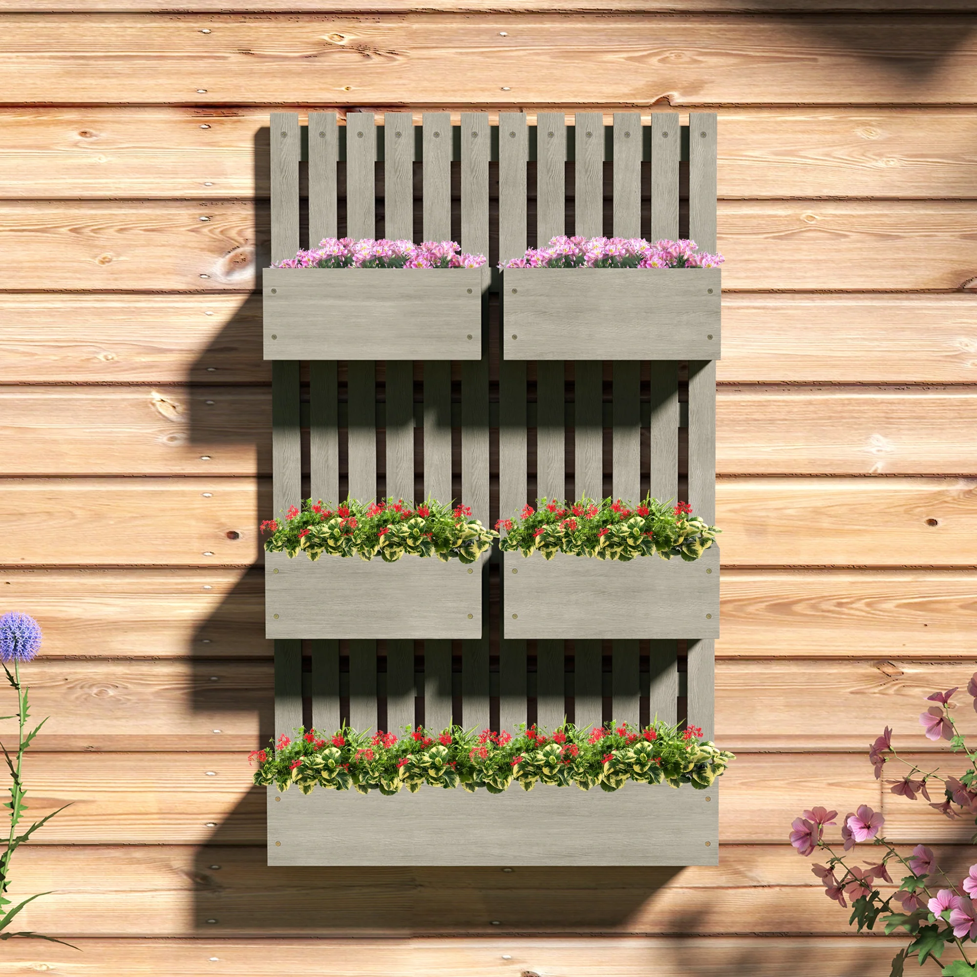 5 Box Raised Garden Bed with Trellis for Vine Flowers & Climbing Plants, 39" Tall Wall-Mounted Wood Planter Box Set with Adjustable Height, Drainage Hole, Gray - Image 10