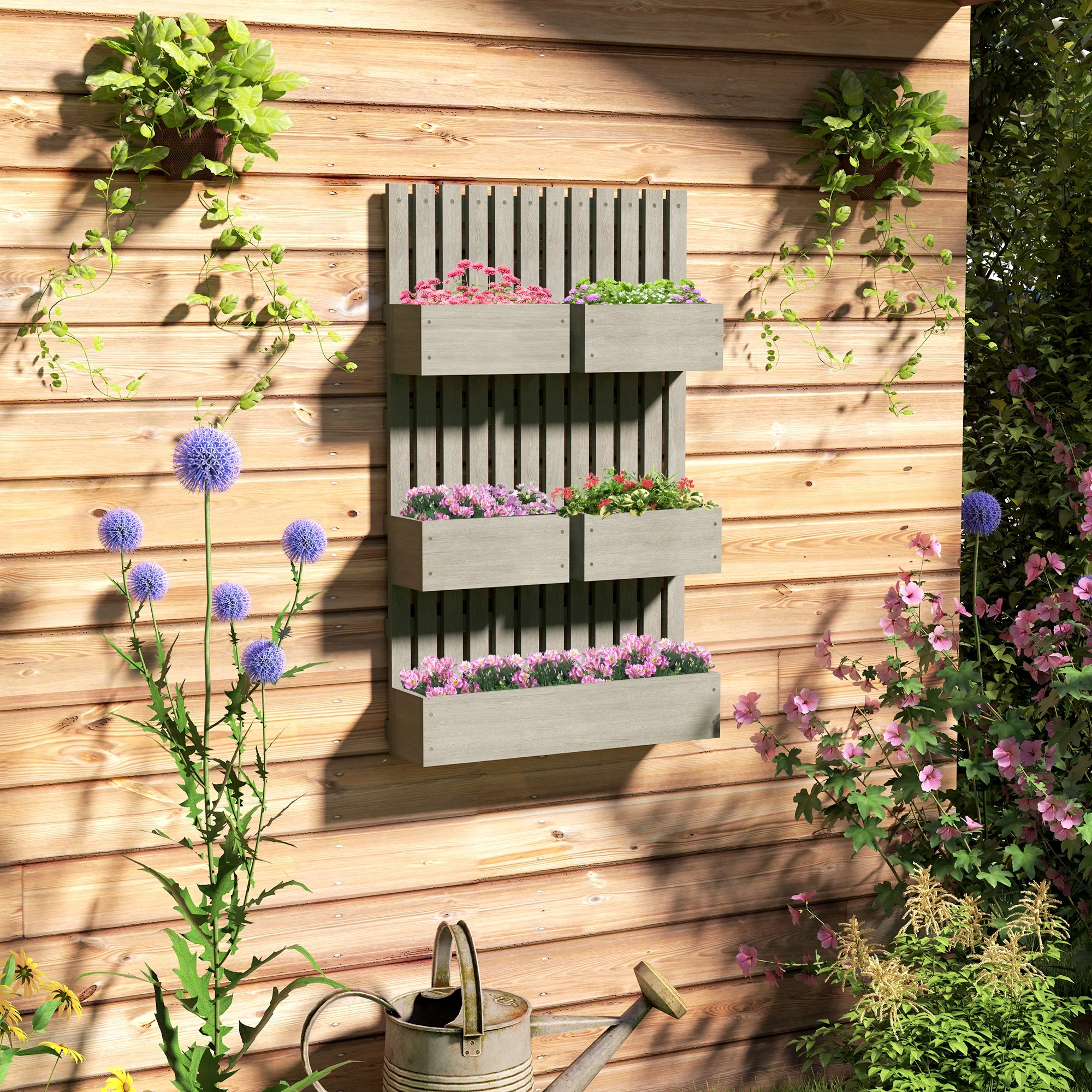 5 Box Raised Garden Bed with Trellis for Vine Flowers & Climbing Plants, 39" Tall Wall-Mounted Wood Planter Box Set with Adjustable Height, Drainage Hole, Gray - Image 3