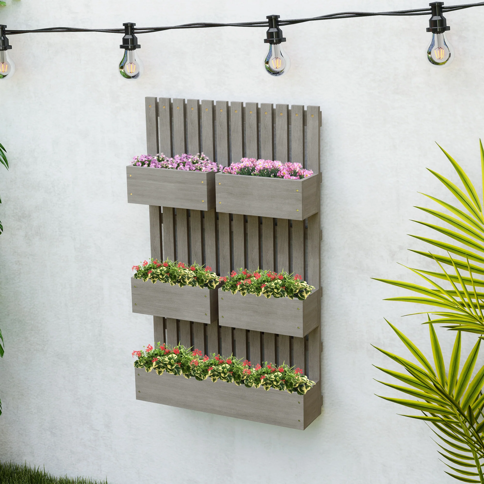 5 Box Raised Garden Bed with Trellis for Vine Flowers & Climbing Plants, 39" Tall Wall-Mounted Wood Planter Box Set with Adjustable Height, Drainage Hole, Gray - Image 4