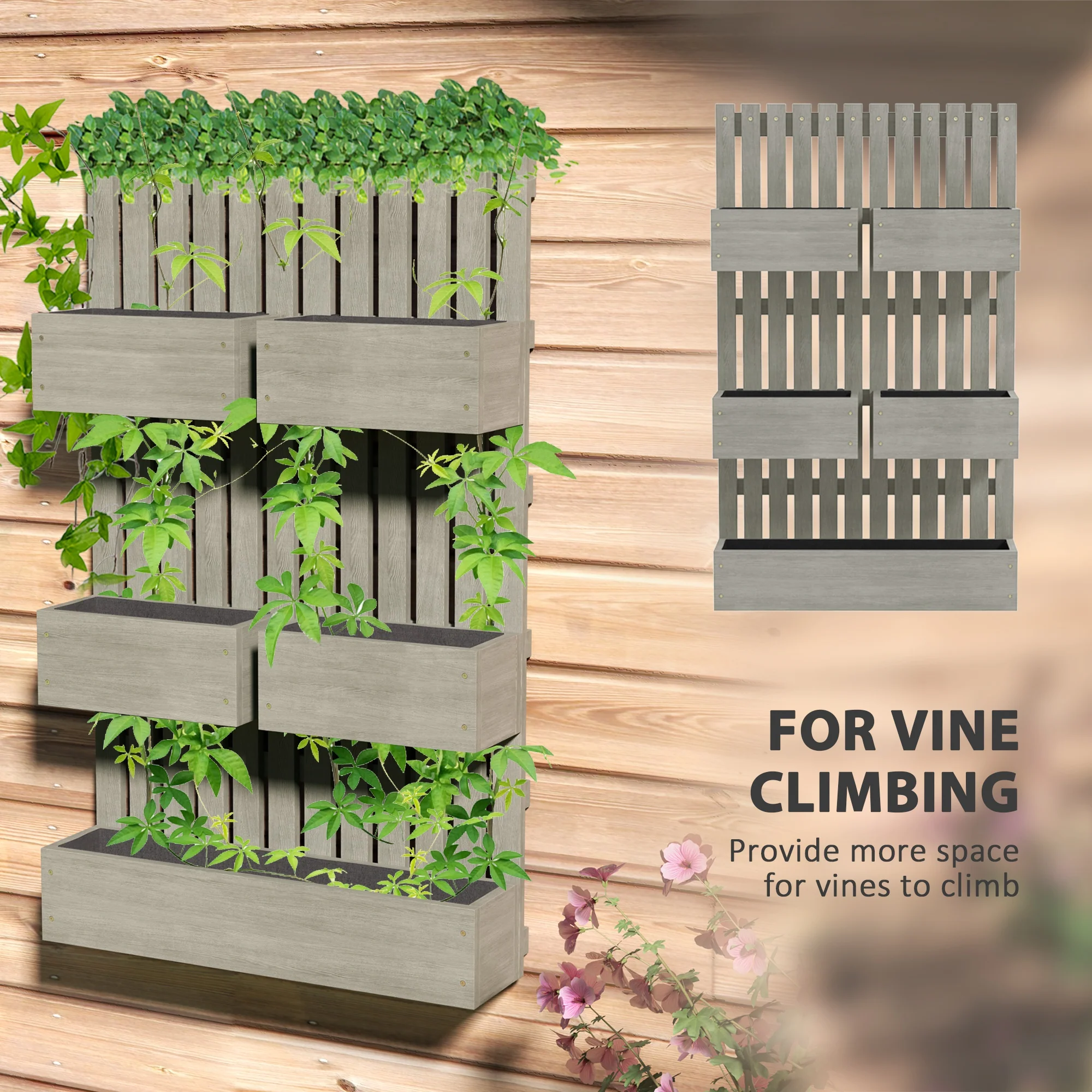 5 Box Raised Garden Bed with Trellis for Vine Flowers & Climbing Plants, 39" Tall Wall-Mounted Wood Planter Box Set with Adjustable Height, Drainage Hole, Gray - Image 6