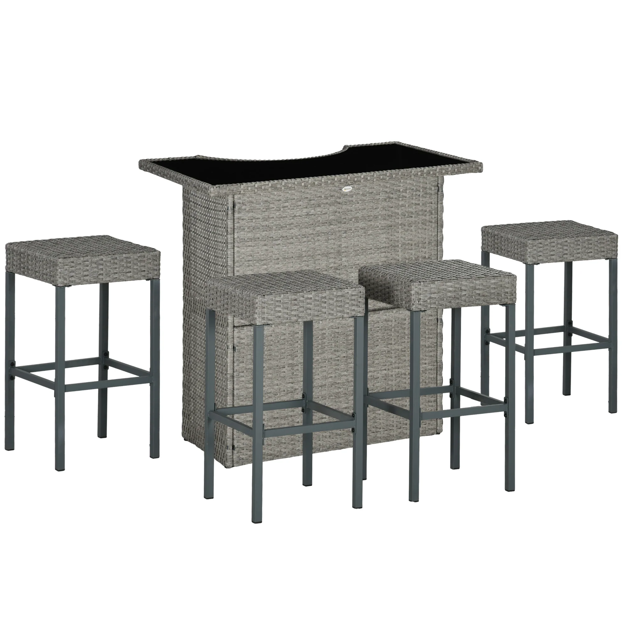 5 Pcs Rattan Wicker Bar Set with Glass Table Top 2 Tier Storage Shelf, and 4 Bar Stools, Gray - Image 12