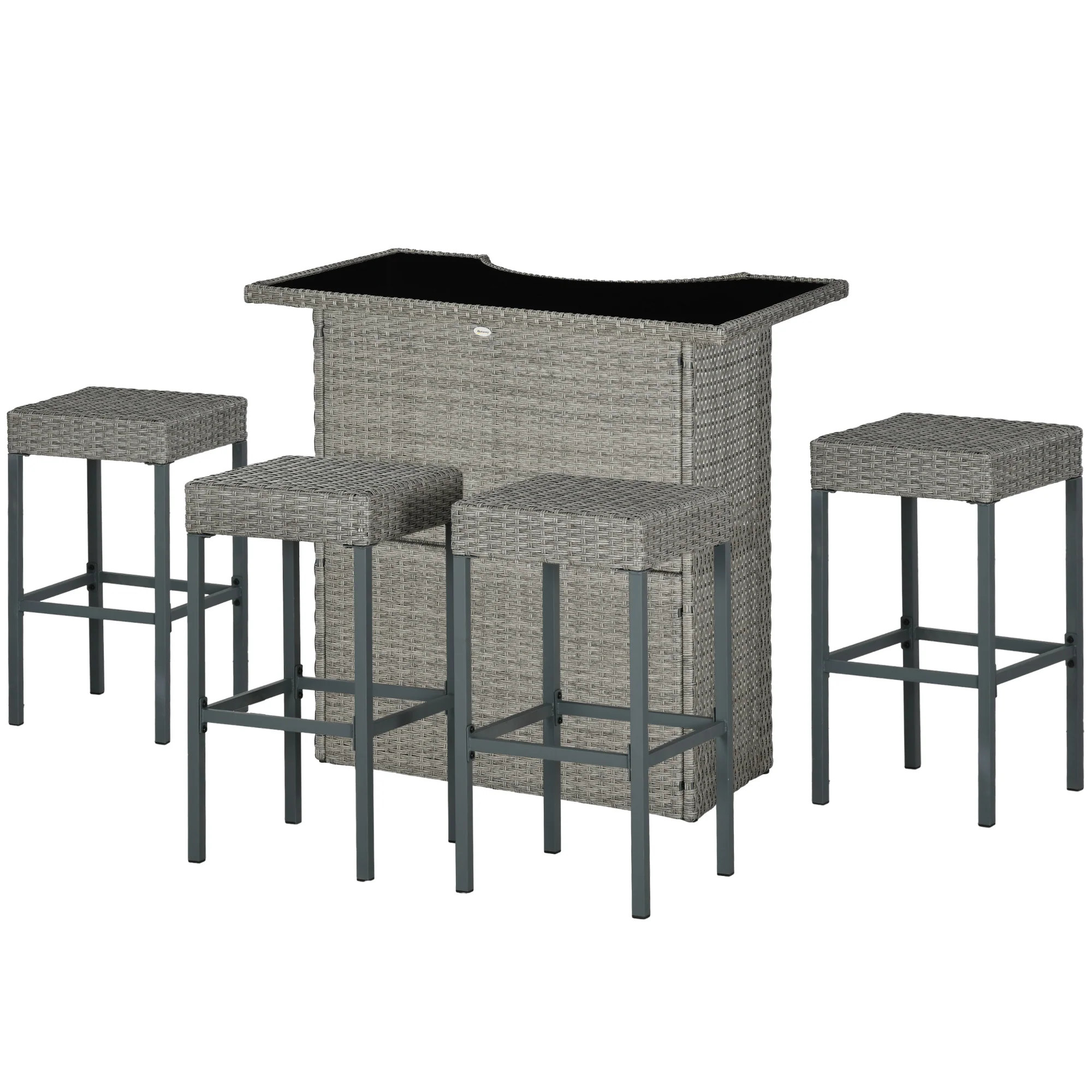 5 Pcs Rattan Wicker Bar Set with Glass Table Top 2 Tier Storage Shelf, and 4 Bar Stools, Gray - Image 2