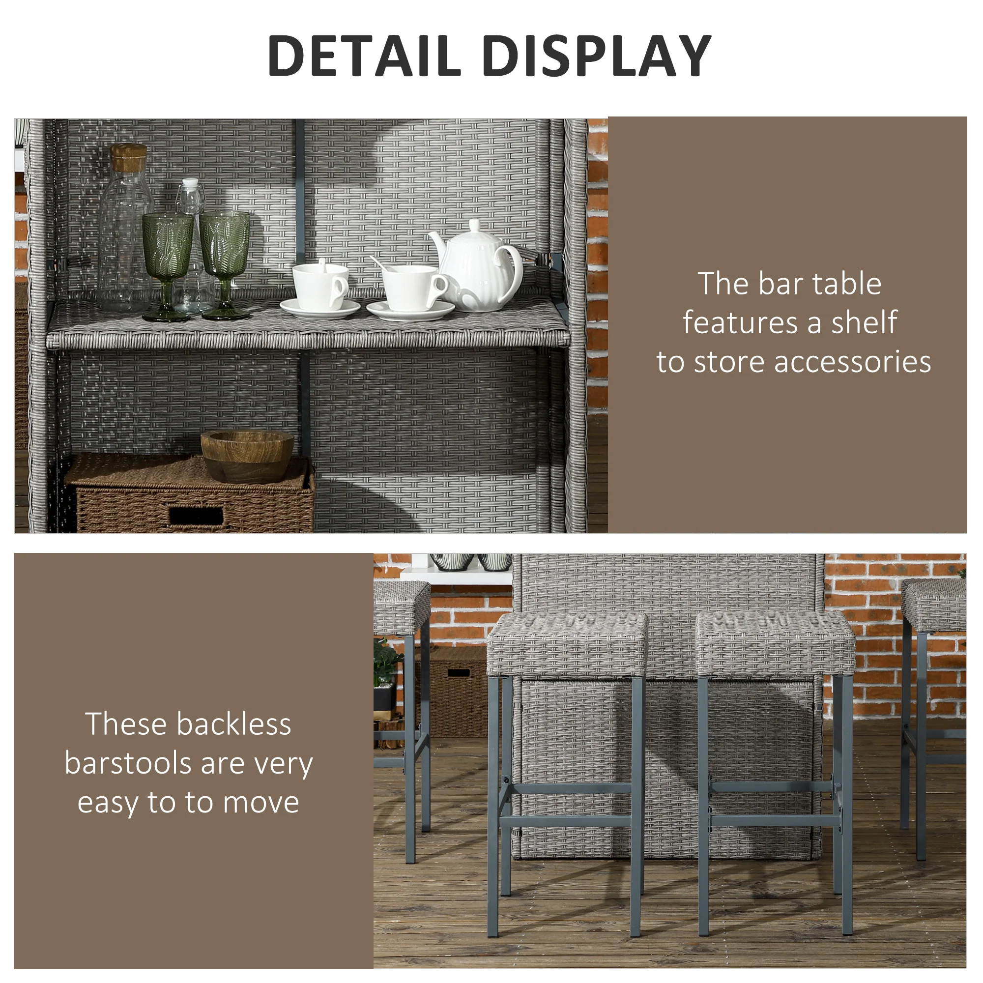 5 Pcs Rattan Wicker Bar Set with Glass Table Top 2 Tier Storage Shelf, and 4 Bar Stools, Gray - Image 7