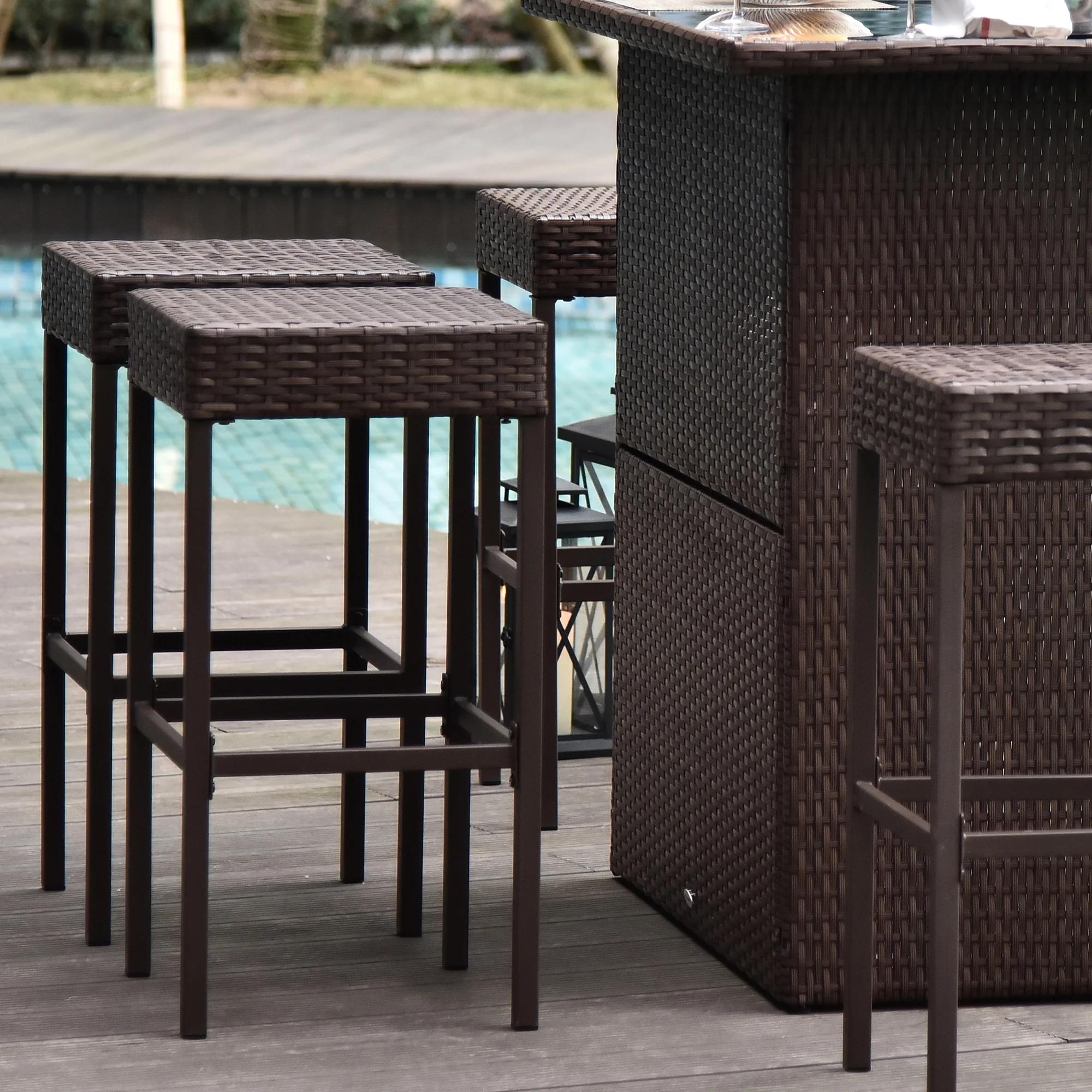 5 Pcs Rattan Wicker Bar Set with Glass Table Top 2 Tier Storage Shelf, and 4 Bar Stools, Dark Brown - Image 10