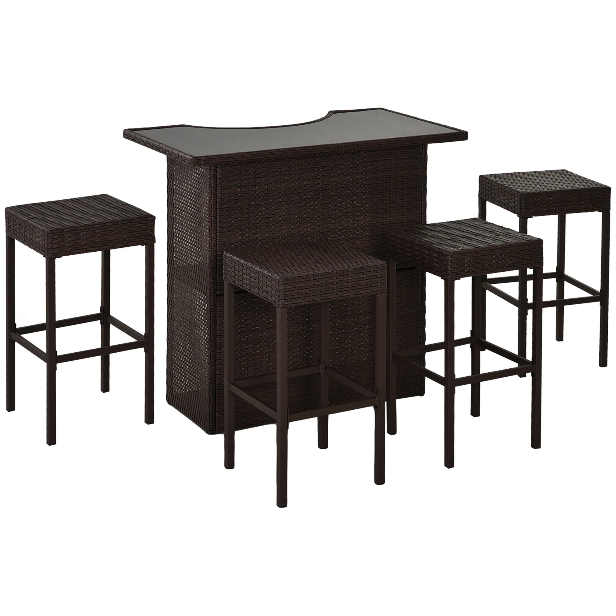 5 Pcs Rattan Wicker Bar Set with Glass Table Top 2 Tier Storage Shelf, and 4 Bar Stools, Dark Brown - Image 13
