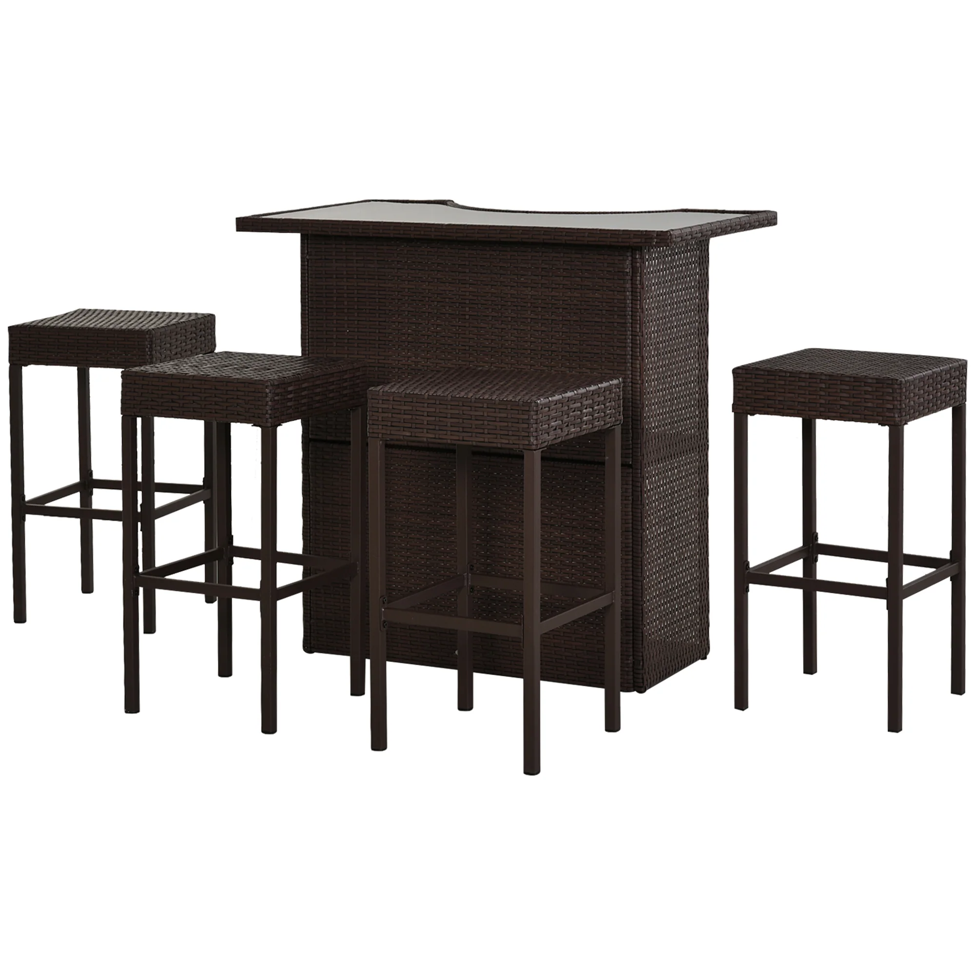 5 Pcs Rattan Wicker Bar Set with Glass Table Top 2 Tier Storage Shelf, and 4 Bar Stools, Dark Brown - Image 2