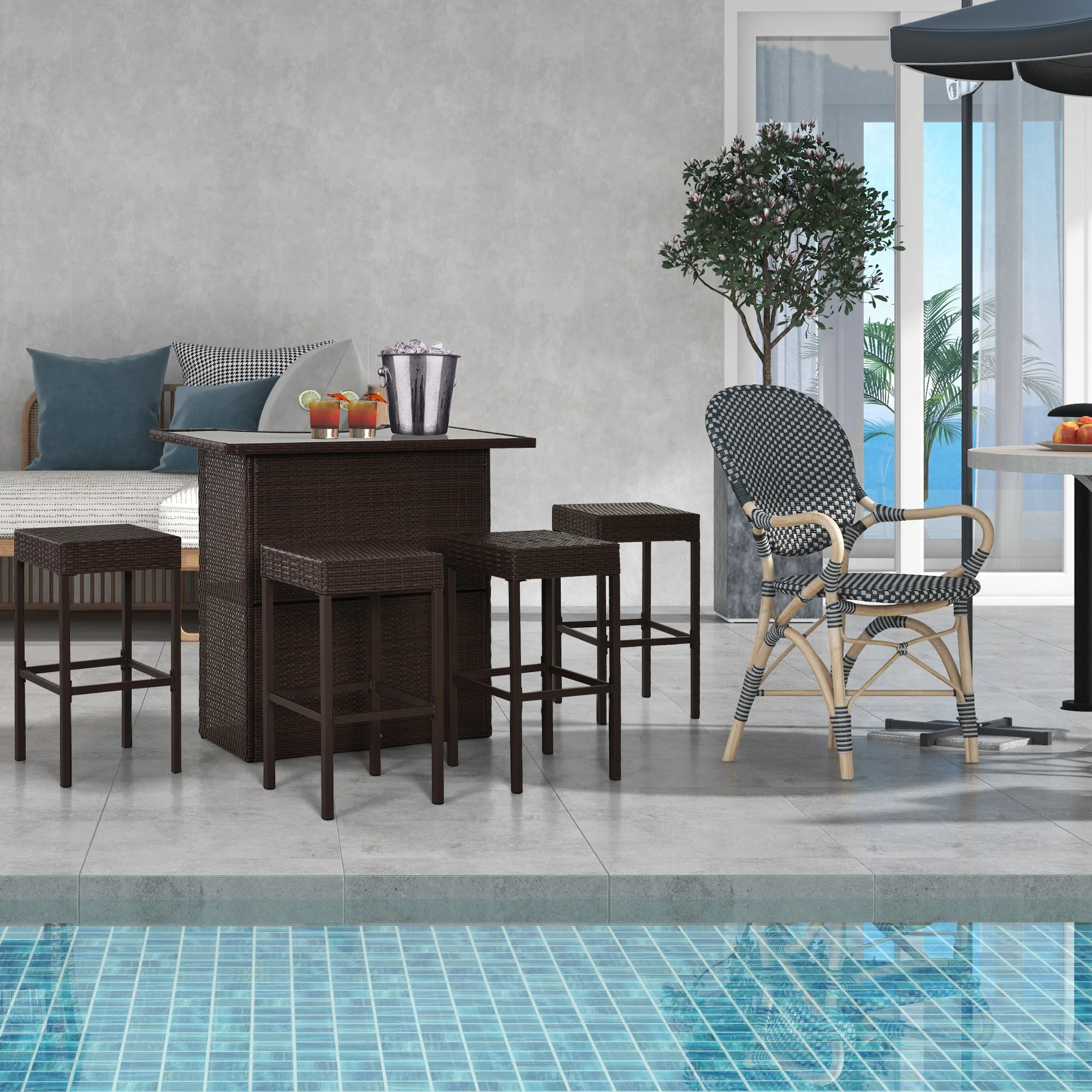 5 Pcs Rattan Wicker Bar Set with Glass Table Top 2 Tier Storage Shelf, and 4 Bar Stools, Dark Brown - Image 3