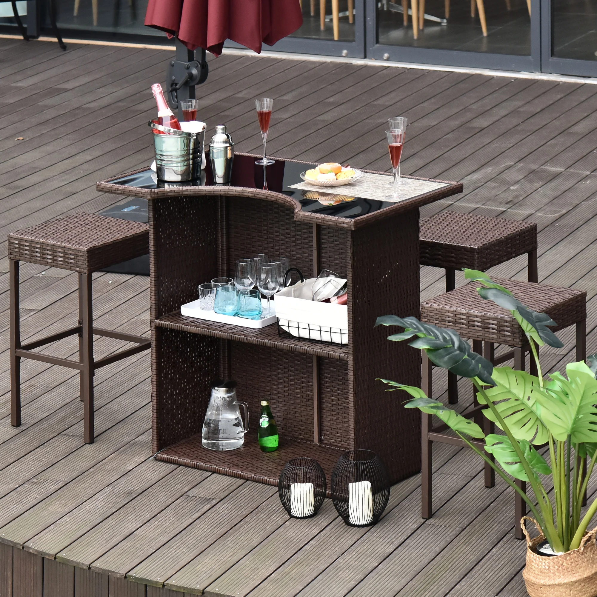 5 Pcs Rattan Wicker Bar Set with Glass Table Top 2 Tier Storage Shelf, and 4 Bar Stools, Dark Brown - Image 4