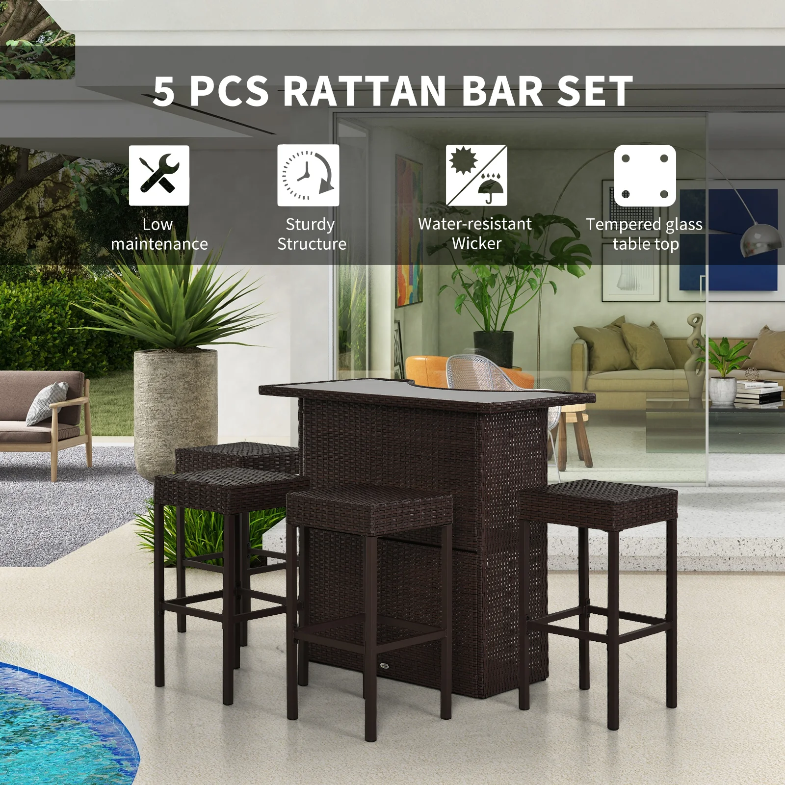 5 Pcs Rattan Wicker Bar Set with Glass Table Top 2 Tier Storage Shelf, and 4 Bar Stools, Dark Brown - Image 6